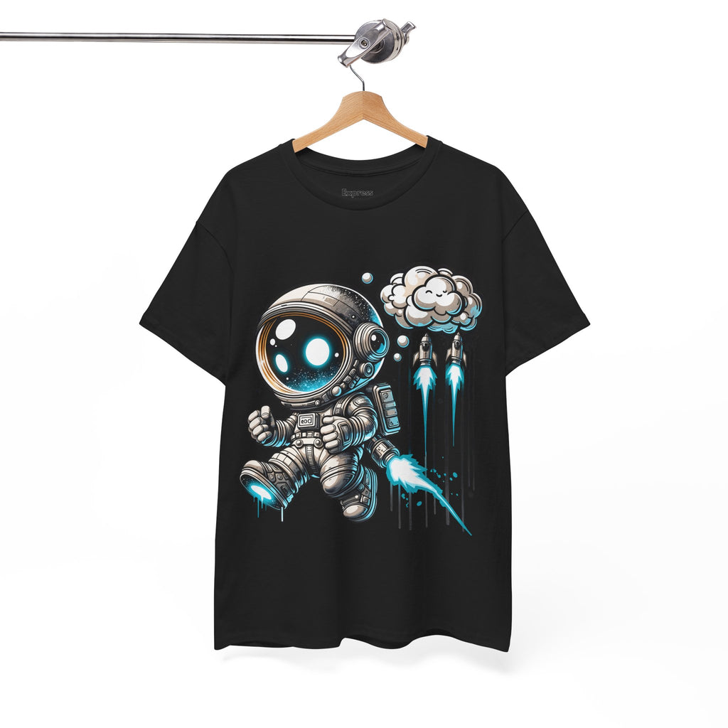 Astronaut Cartoon T-Shirt — Cute Space Explorer Tee with Jetpack & Cloud Rocket