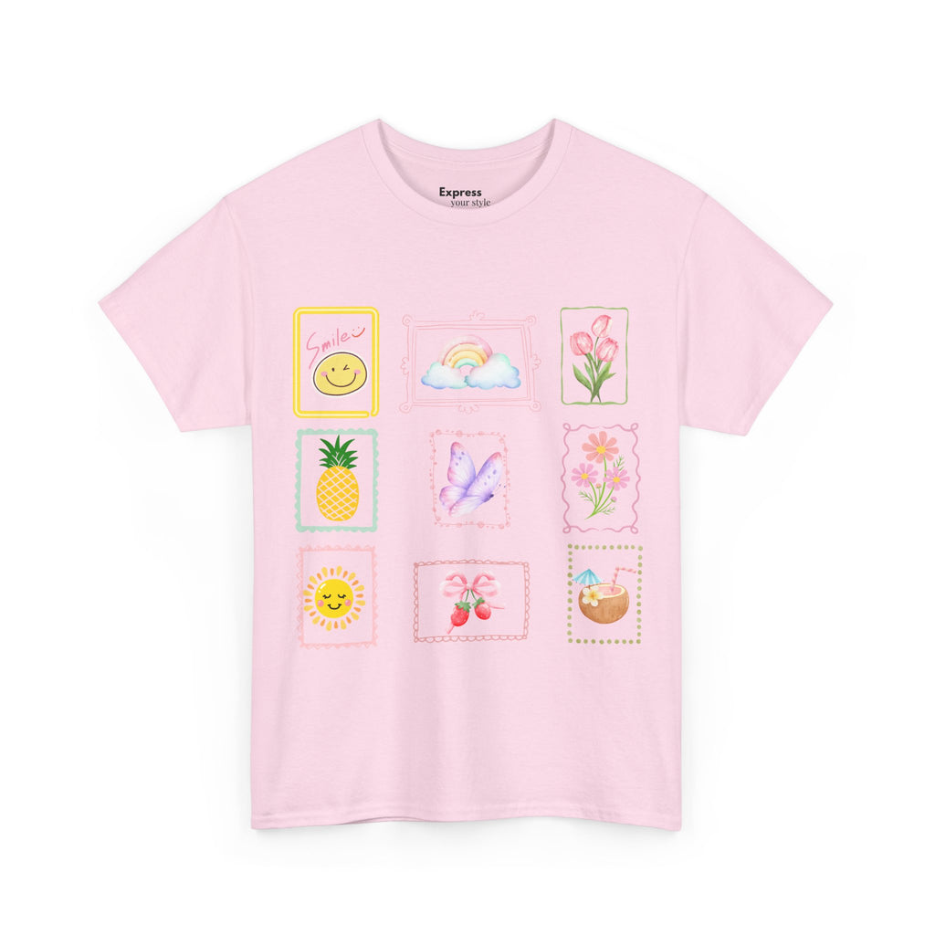 Cute Pastel Icons T‑Shirt — Smiley, Pineapple & Floral Graphic Tee