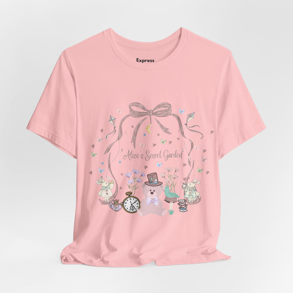 Cute Pastel Teddy Garden T‑Shirt — "Alice in Sweet Garden" Cute Vintage Teacup & Clock Design