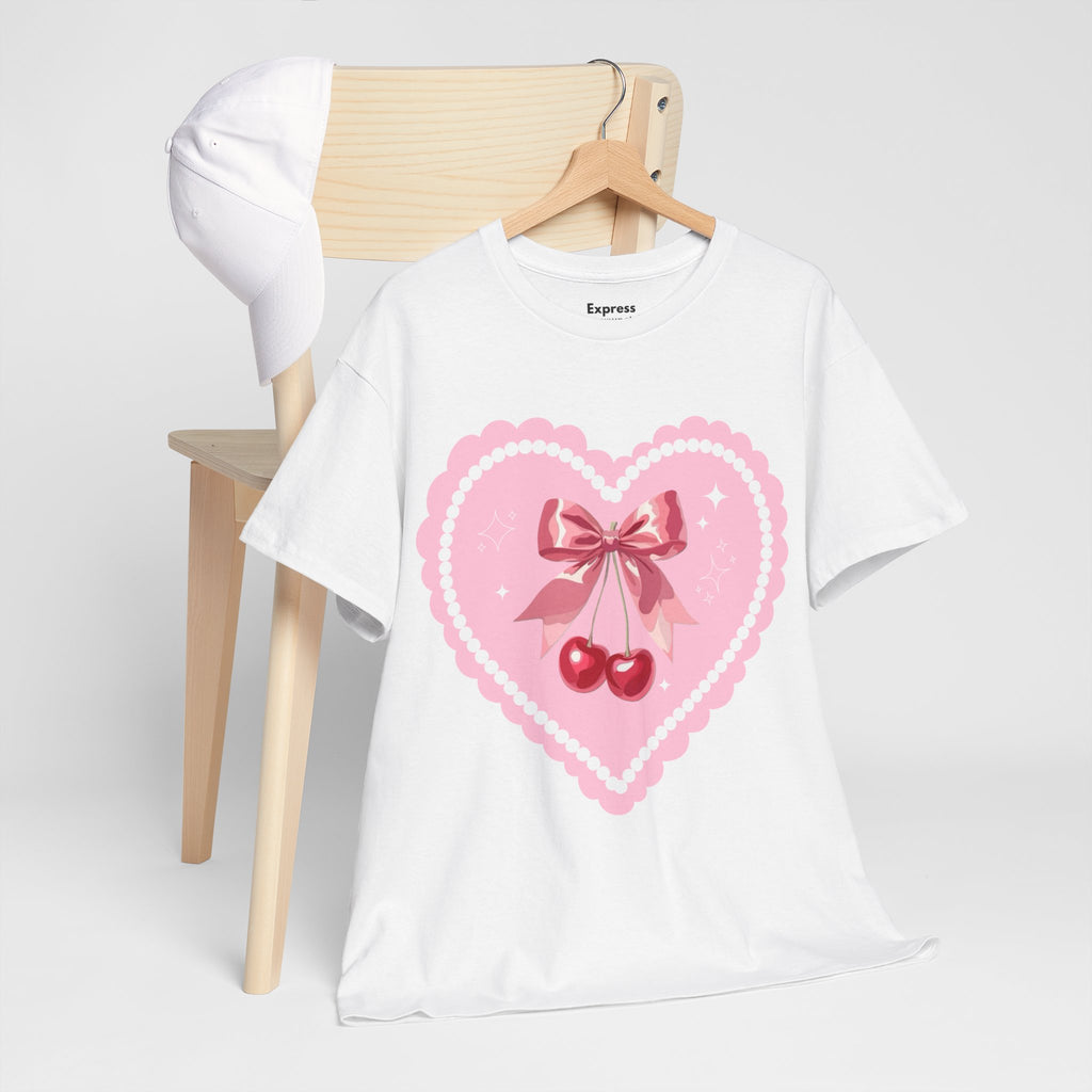 Pink Heart Cherry Graphic Tee — Cute Kawaii Valentine Shirt