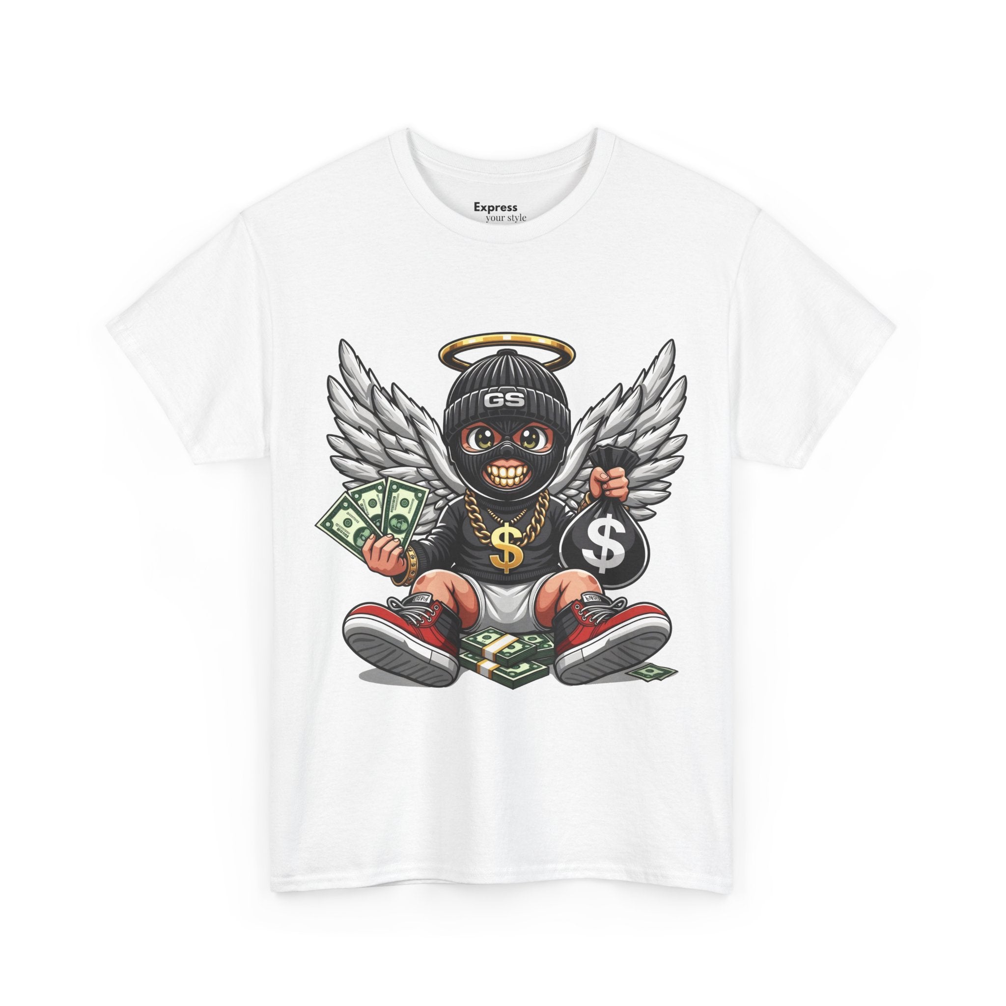 Money Angel Baby Tee — Streetwear Graphic T-Shirt with Winged Baby, Dollar Bag & Halo