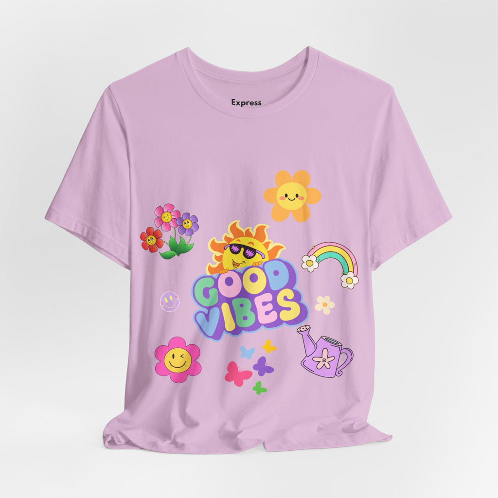 Good Vibes Floral Tee — Retro Smiley Sun & Rainbow Graphic T‑Shirt