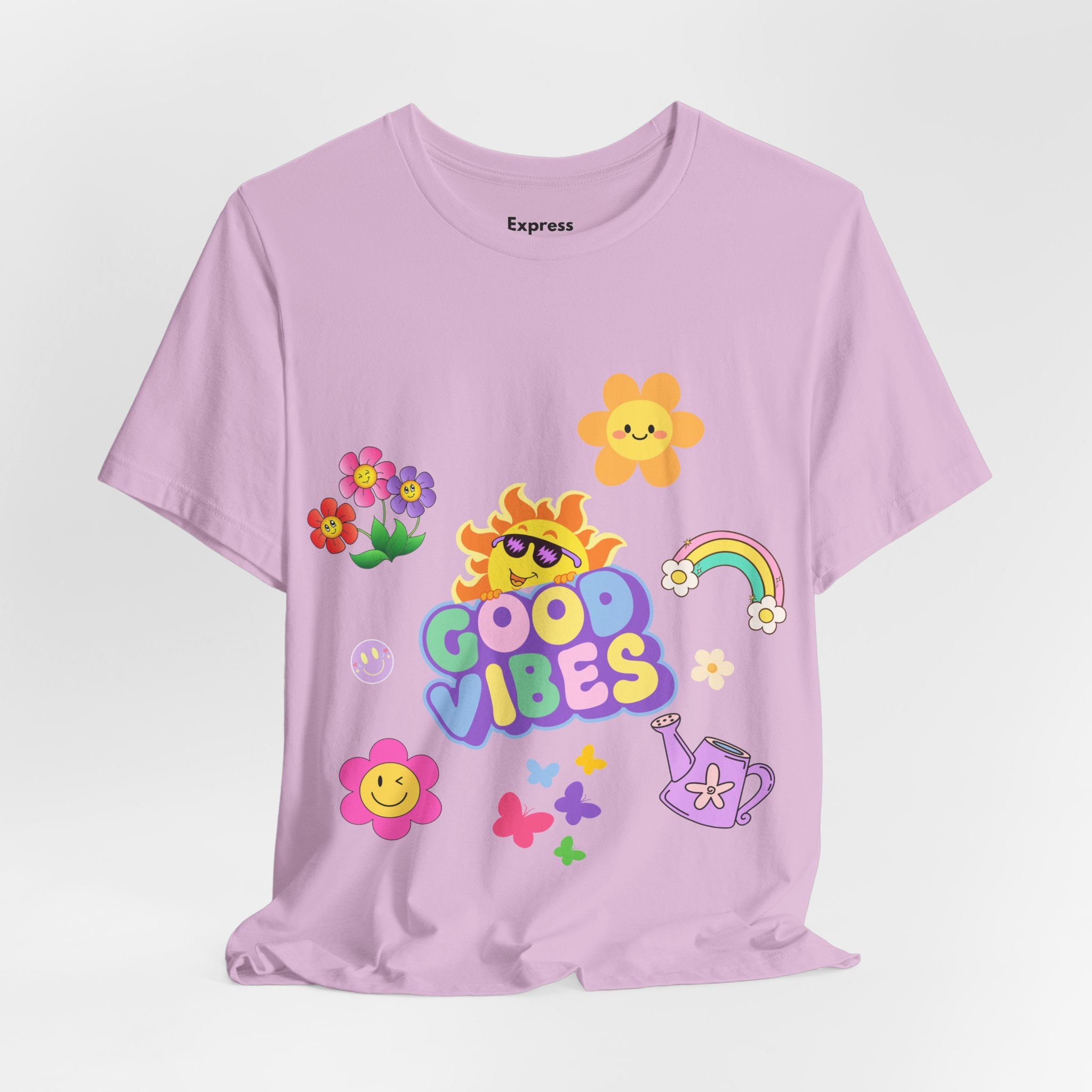 Good Vibes Floral Tee — Retro Smiley Sun & Rainbow Graphic T‑Shirt