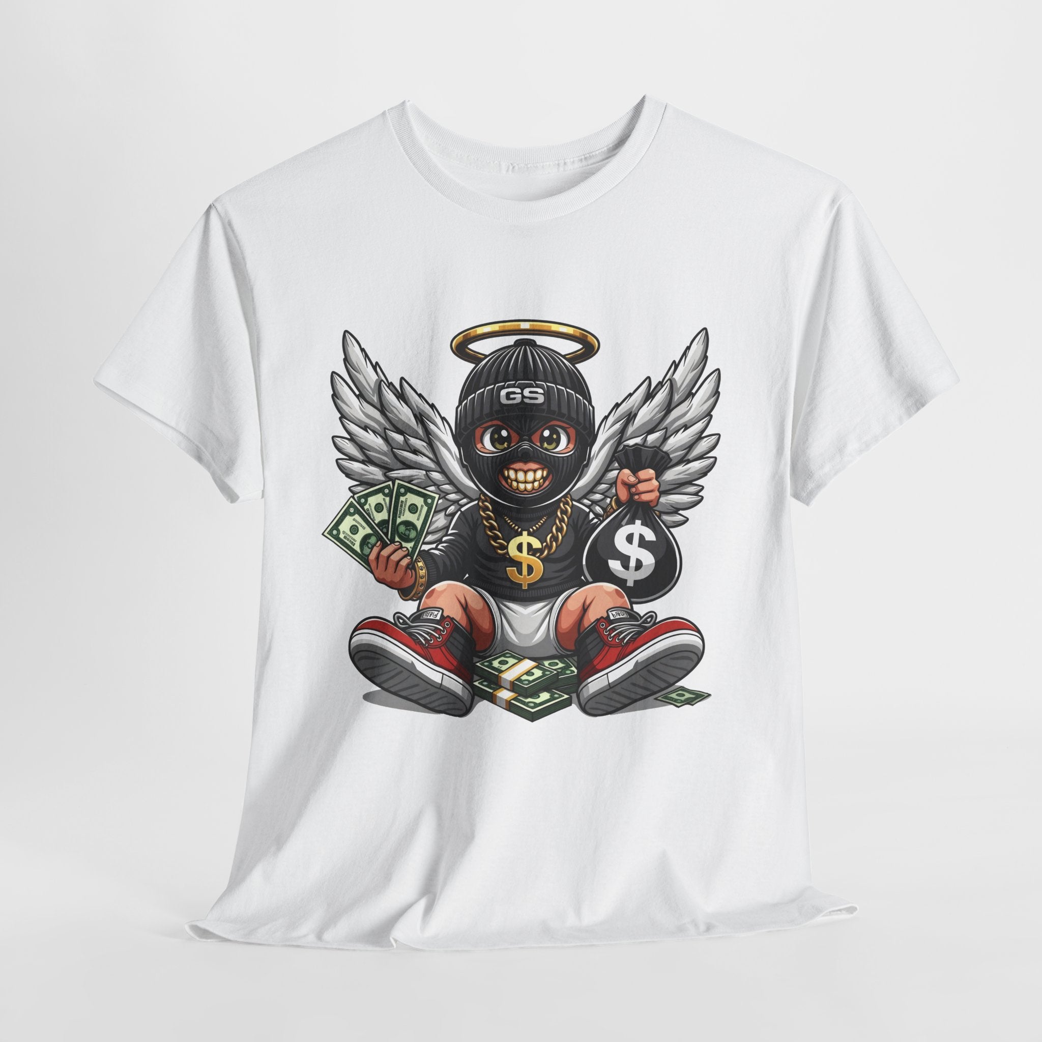 Money Angel Baby Tee — Streetwear Graphic T-Shirt with Winged Baby, Dollar Bag & Halo