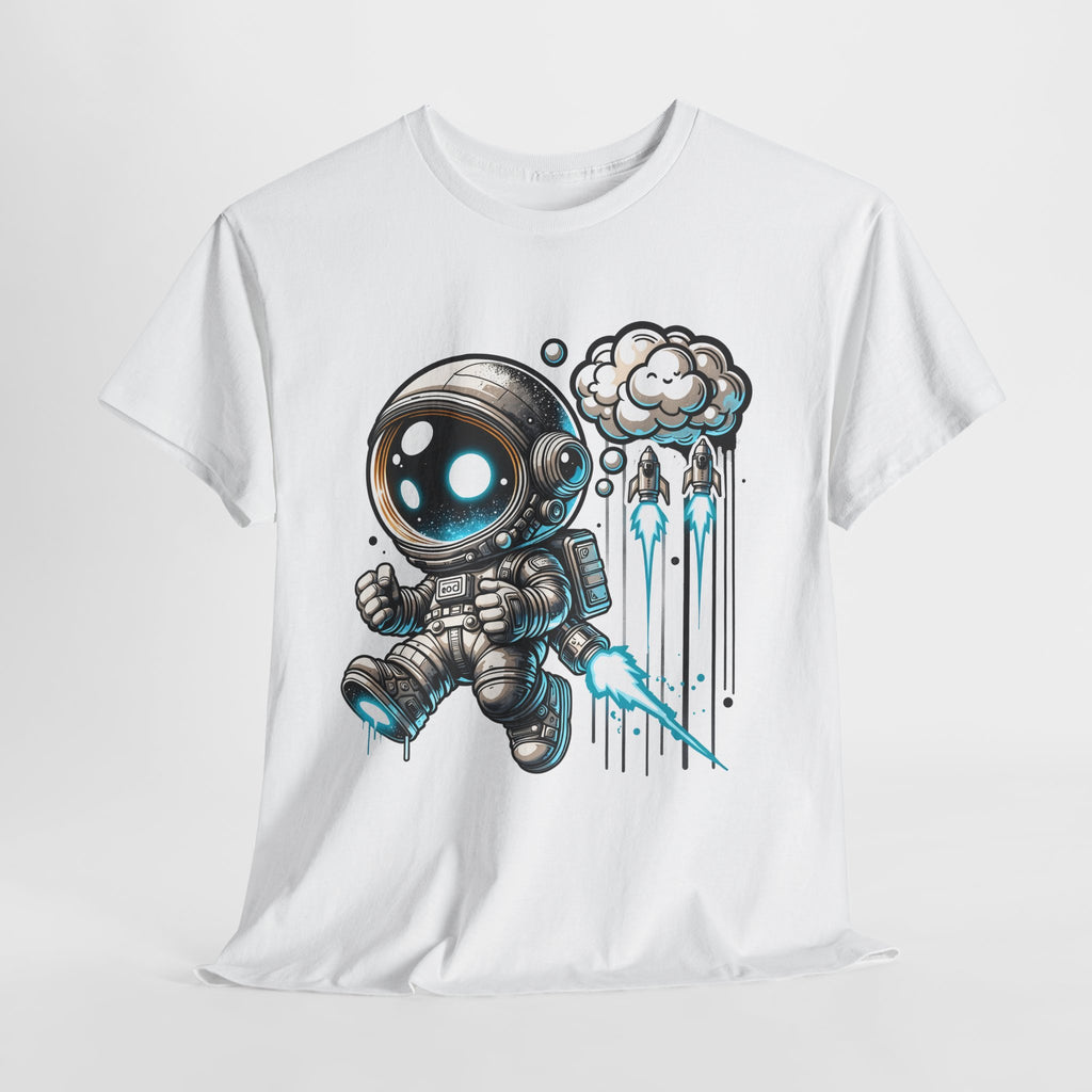 Astronaut Cartoon T-Shirt — Cute Space Explorer Tee with Jetpack & Cloud Rocket