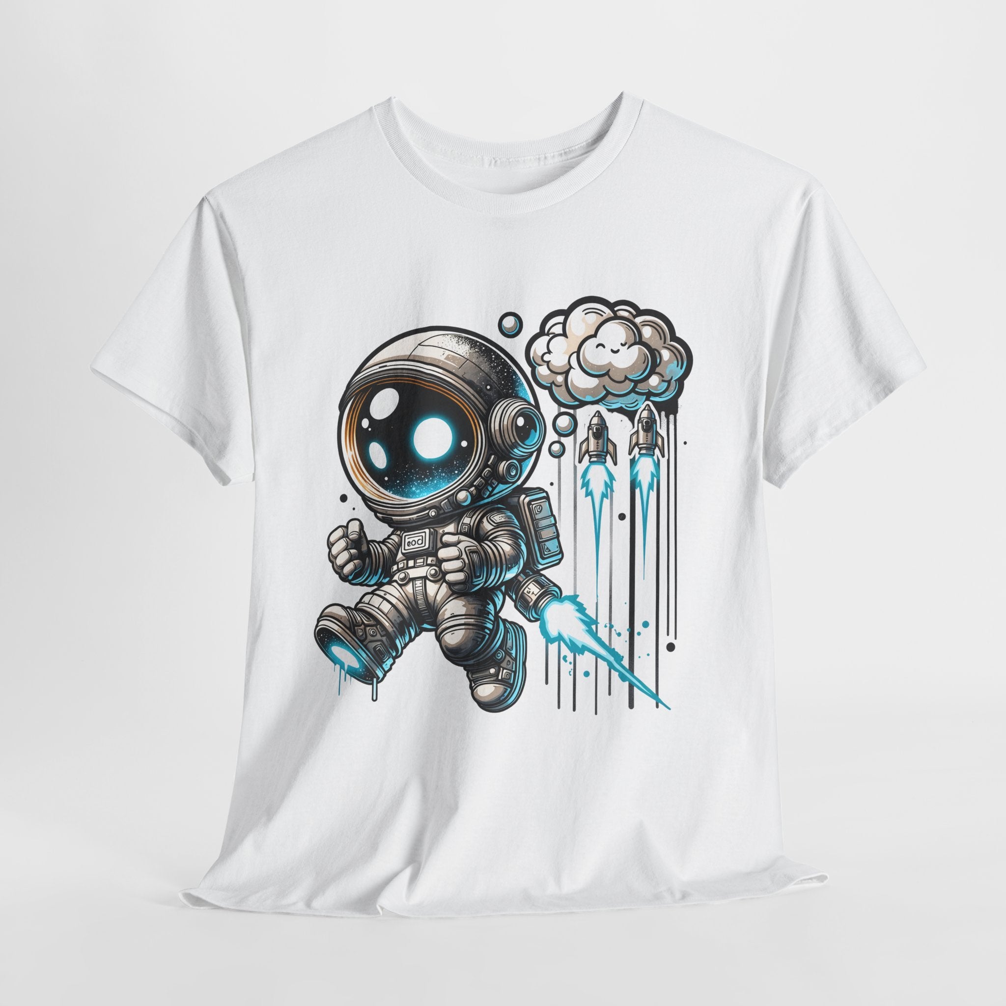 Astronaut Cartoon T-Shirt — Cute Space Explorer Tee with Jetpack & Cloud Rocket