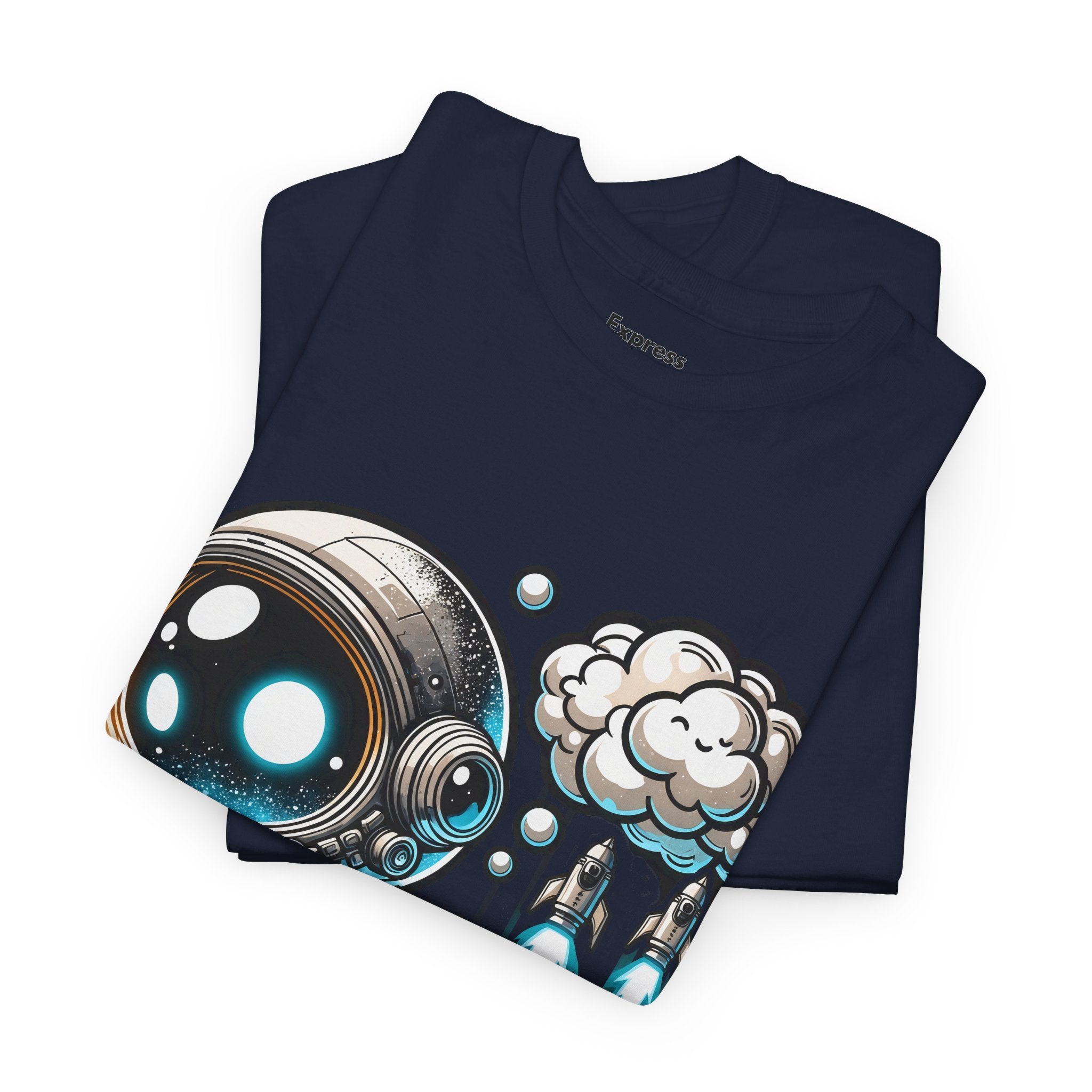 Astronaut Cartoon T-Shirt — Cute Space Explorer Tee with Jetpack & Cloud Rocket