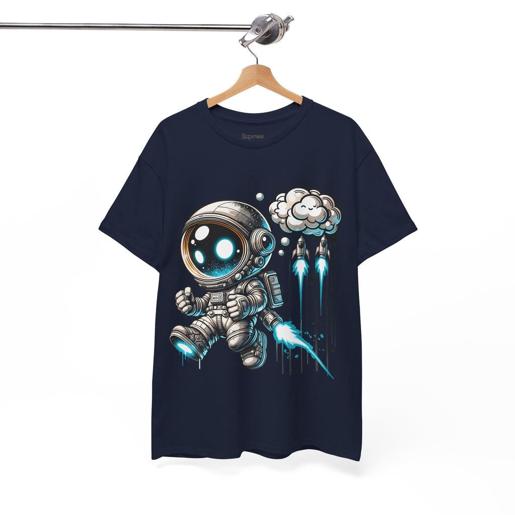 Astronaut Cartoon T-Shirt — Cute Space Explorer Tee with Jetpack & Cloud Rocket