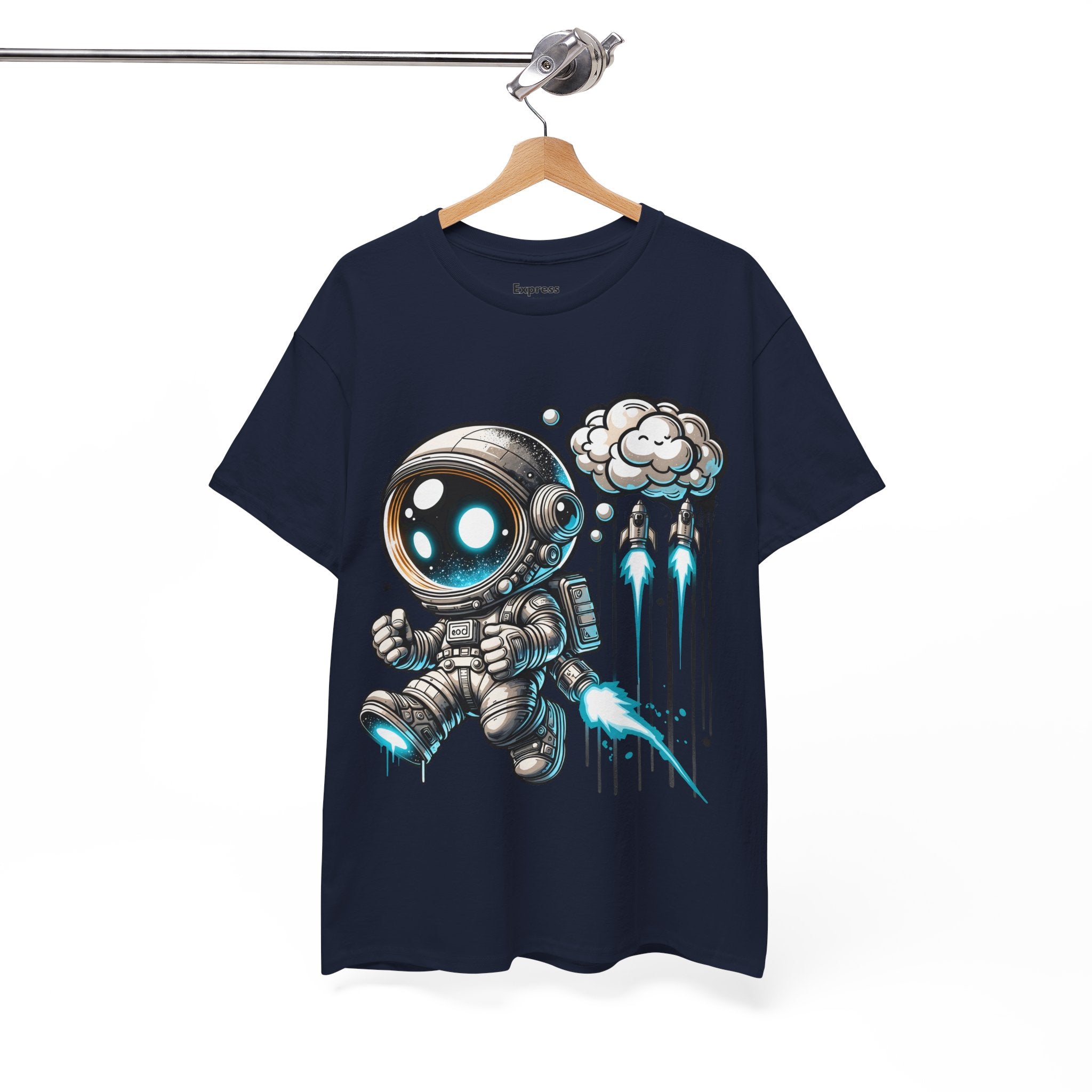 Astronaut Cartoon T-Shirt — Cute Space Explorer Tee with Jetpack & Cloud Rocket