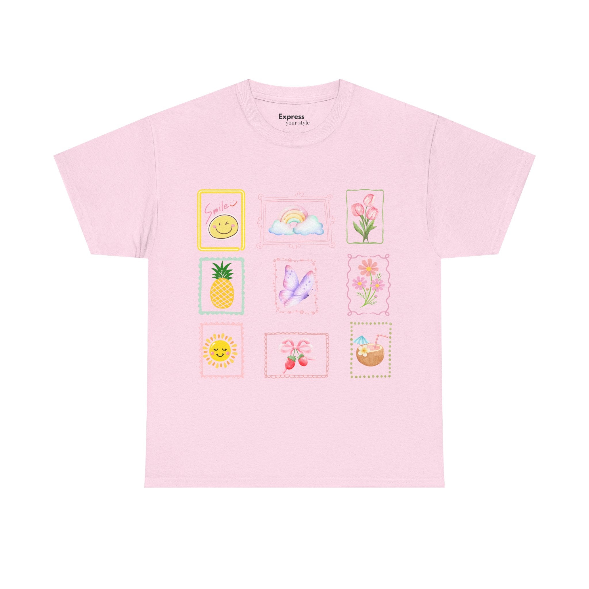 Cute Pastel Icons T‑Shirt — Smiley, Pineapple & Floral Graphic Tee