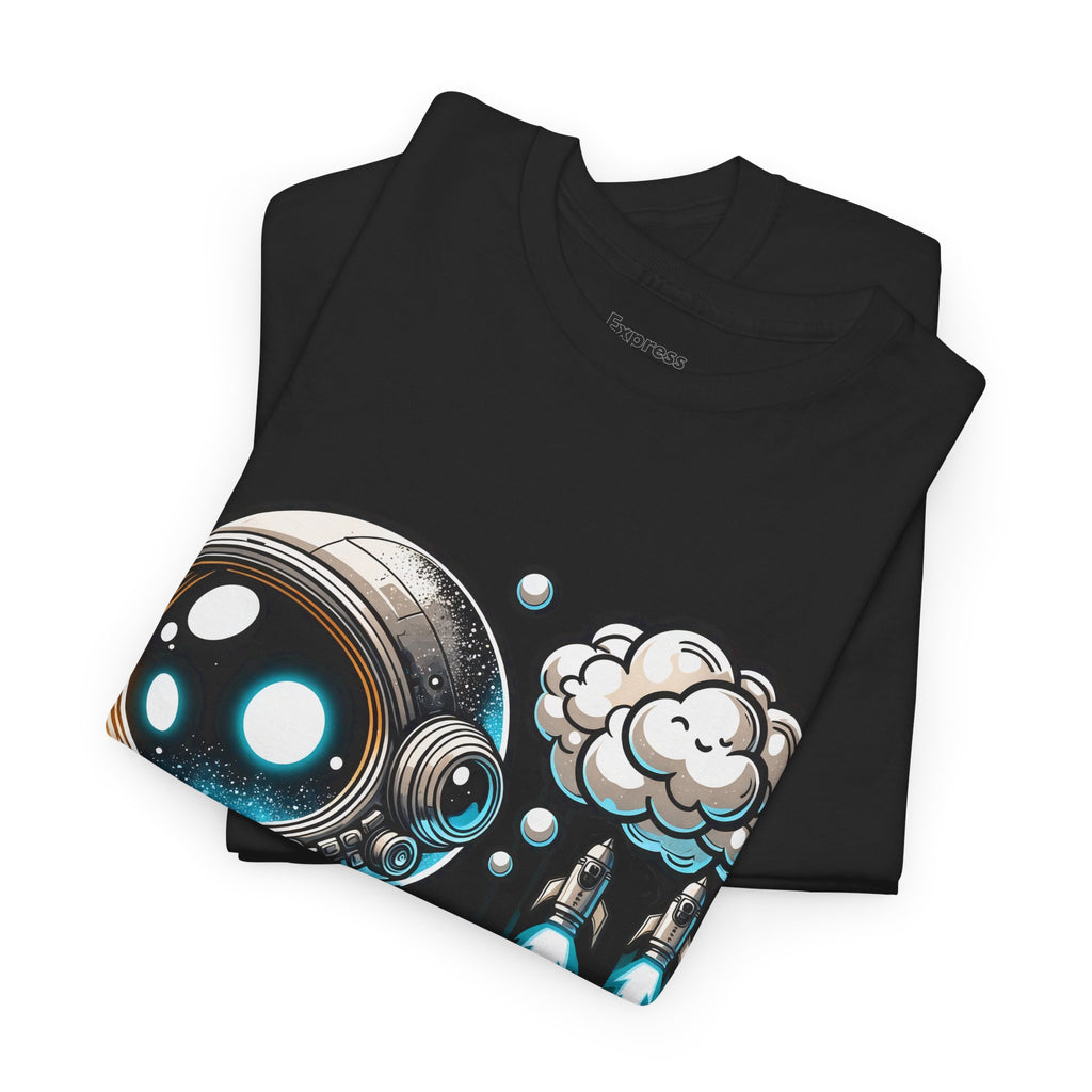 Astronaut Cartoon T-Shirt — Cute Space Explorer Tee with Jetpack & Cloud Rocket