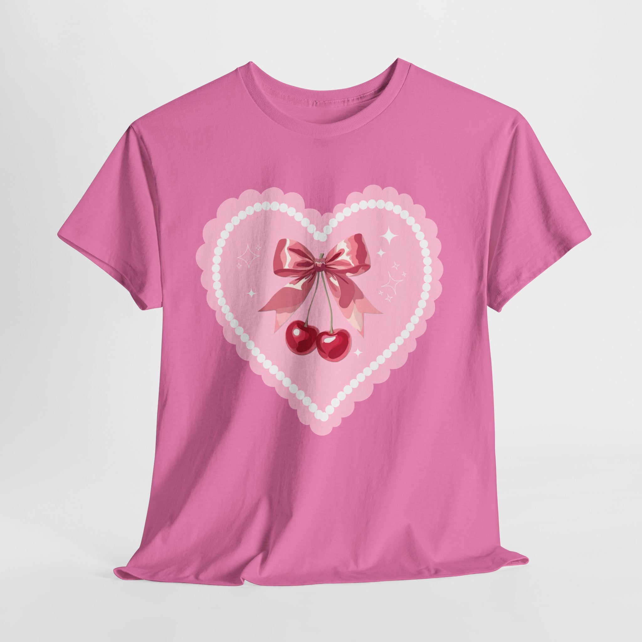 Pink Heart Cherry Graphic Tee — Cute Kawaii Valentine Shirt