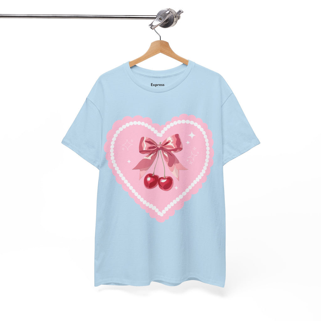 Pink Heart Cherry Graphic Tee — Cute Kawaii Valentine Shirt