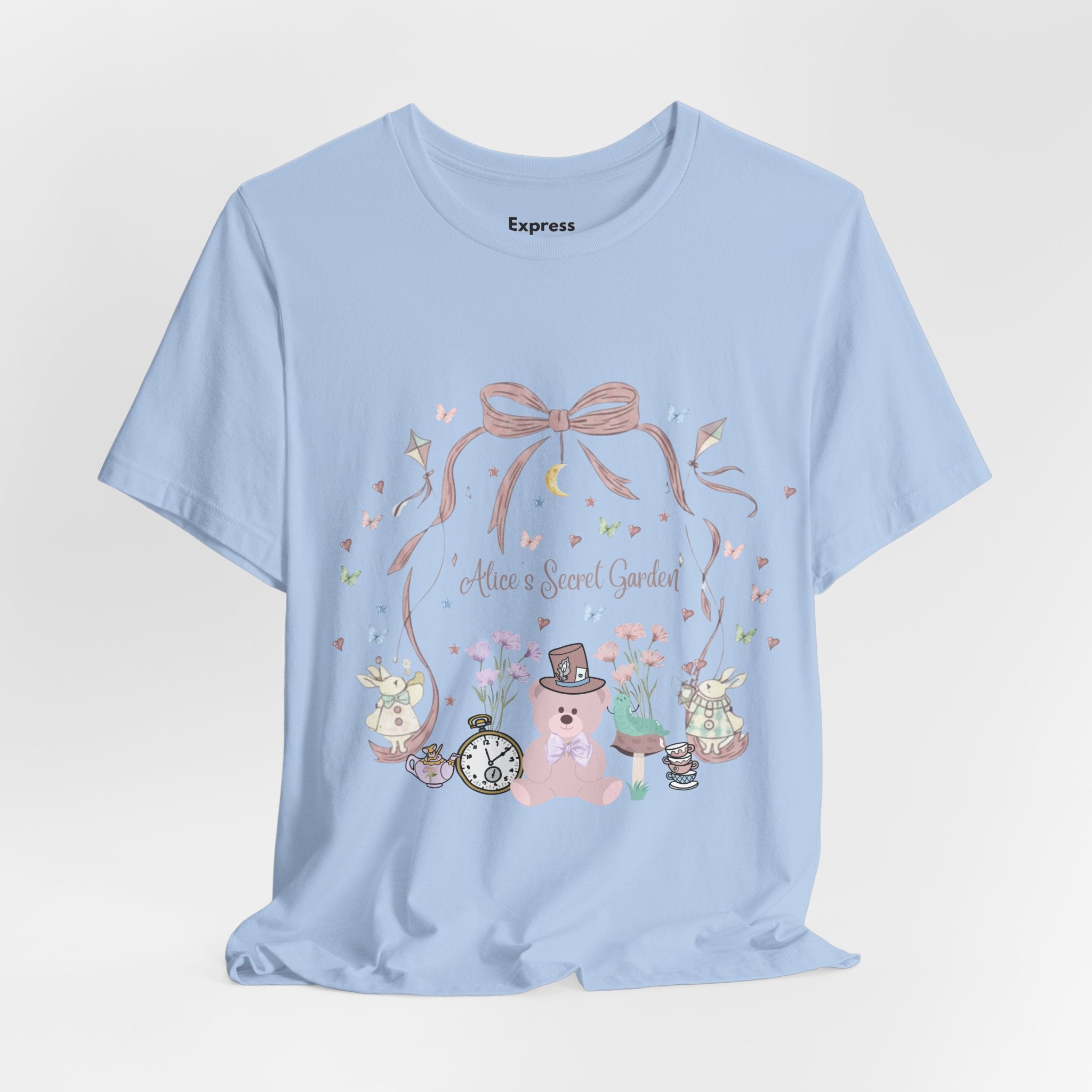 Cute Pastel Teddy Garden T‑Shirt — "Alice in Sweet Garden" Cute Vintage Teacup & Clock Design