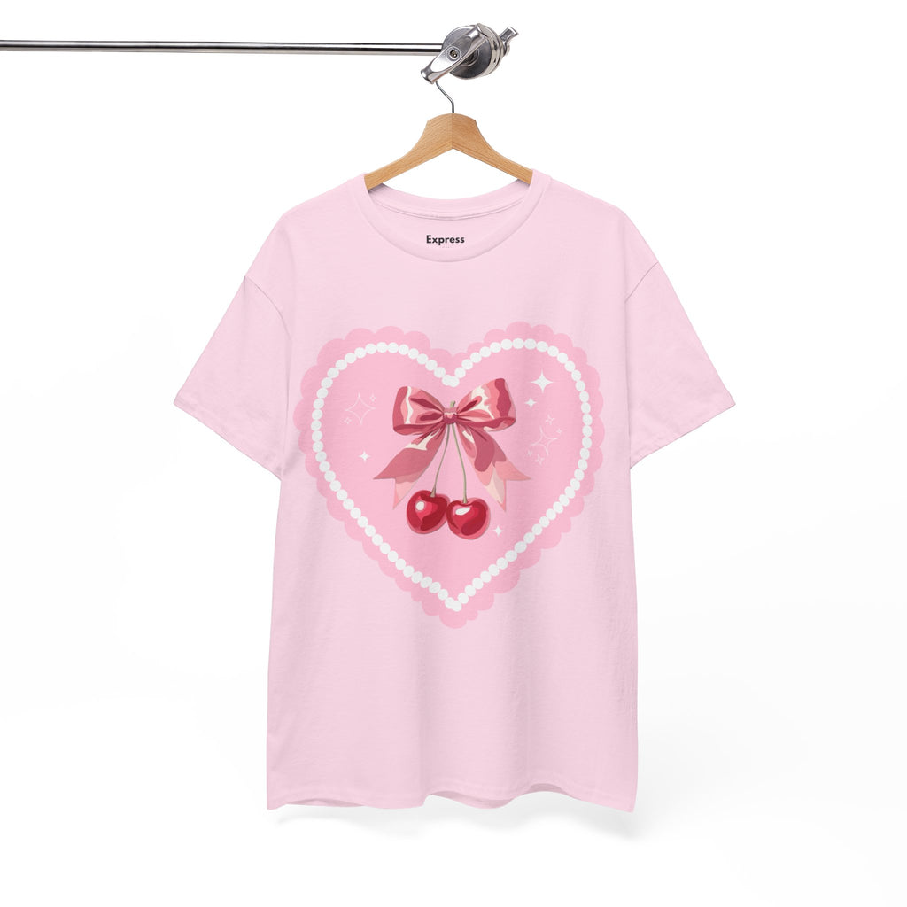 Pink Heart Cherry Graphic Tee — Cute Kawaii Valentine Shirt