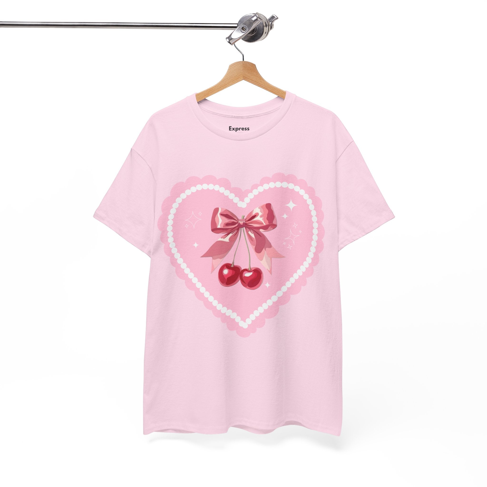 Pink Heart Cherry Graphic Tee — Cute Kawaii Valentine Shirt