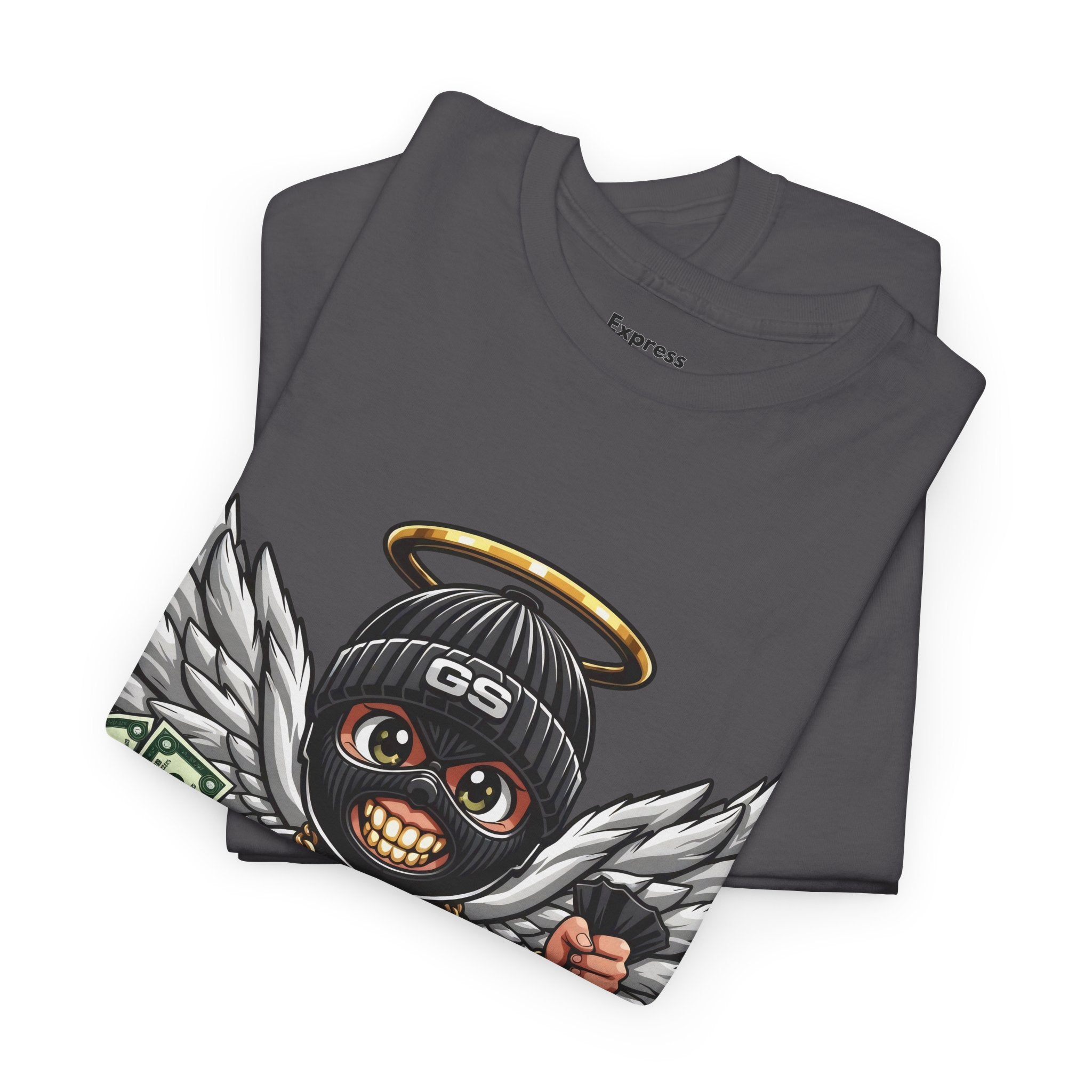 Money Angel Baby Tee — Streetwear Graphic T-Shirt with Winged Baby, Dollar Bag & Halo