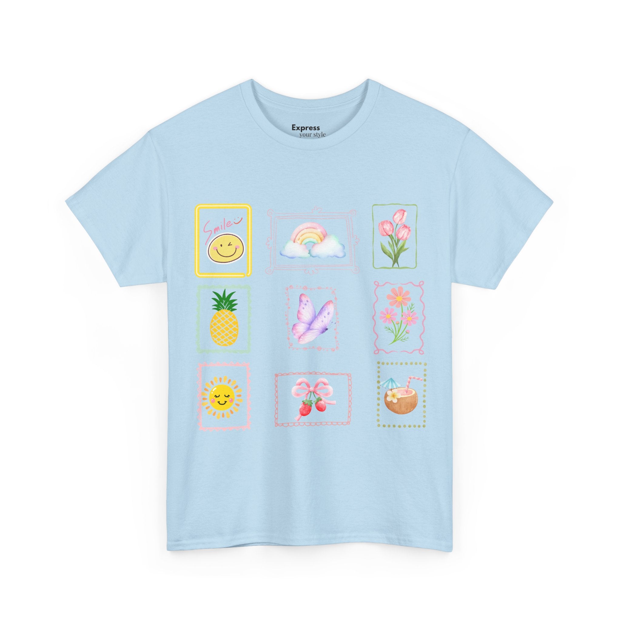 Cute Pastel Icons T‑Shirt — Smiley, Pineapple & Floral Graphic Tee
