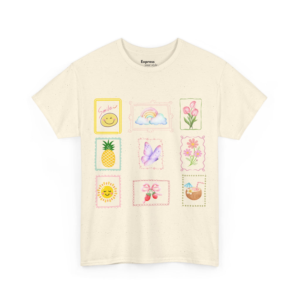 Cute Pastel Icons T‑Shirt — Smiley, Pineapple & Floral Graphic Tee