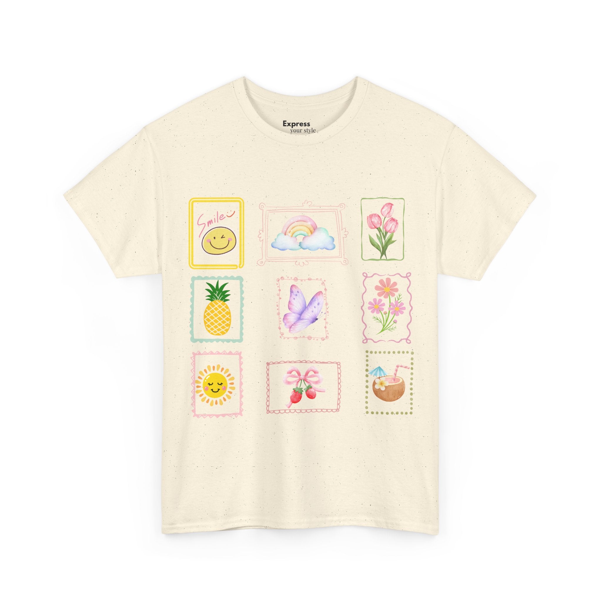 Cute Pastel Icons T‑Shirt — Smiley, Pineapple & Floral Graphic Tee
