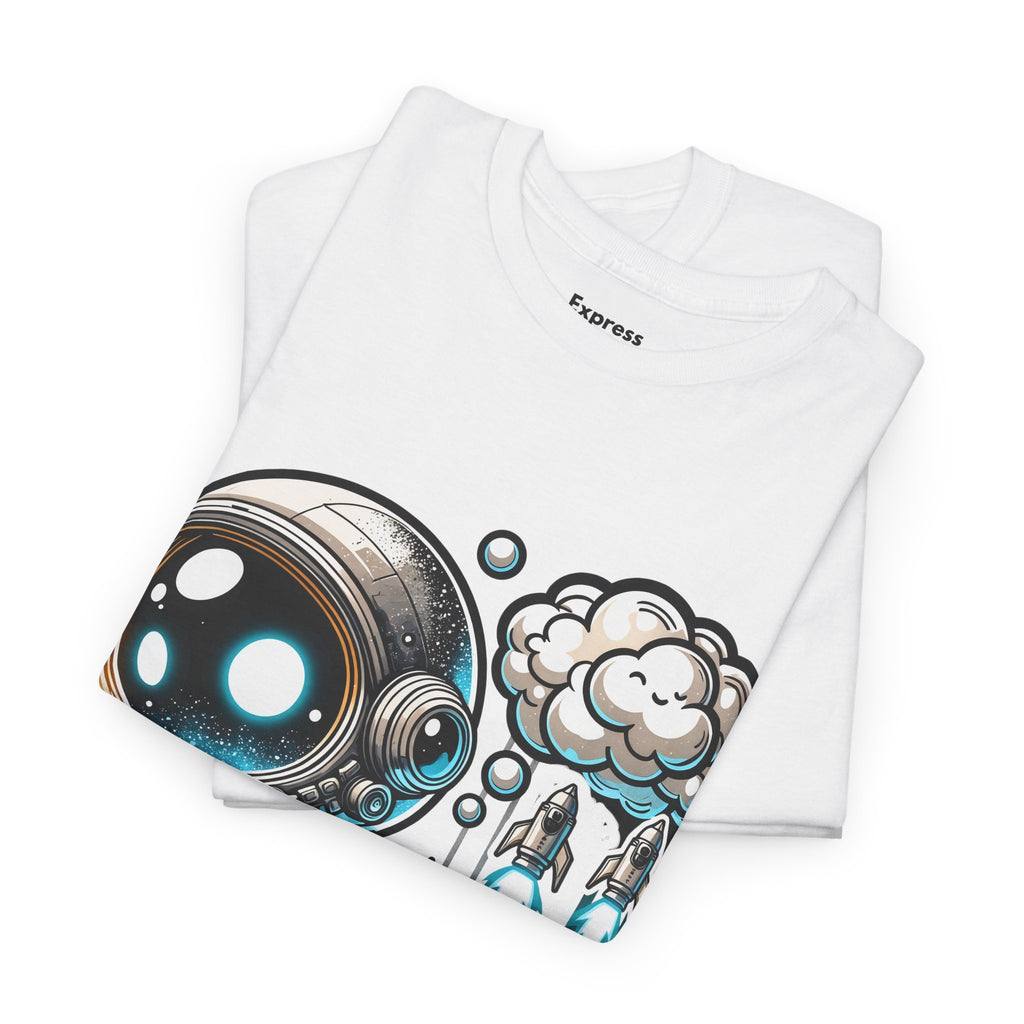 Astronaut Cartoon T-Shirt — Cute Space Explorer Tee with Jetpack & Cloud Rocket