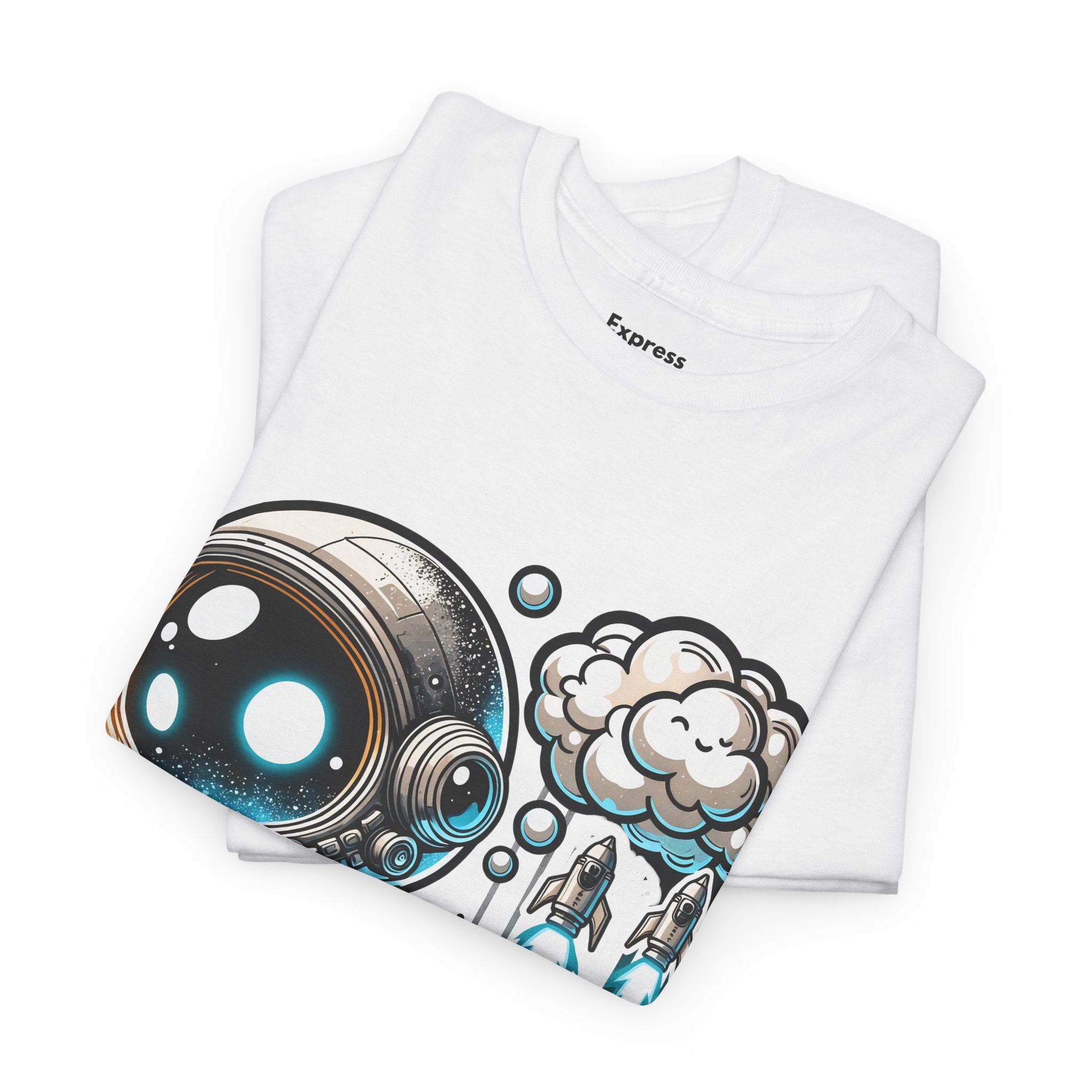Astronaut Cartoon T-Shirt — Cute Space Explorer Tee with Jetpack & Cloud Rocket