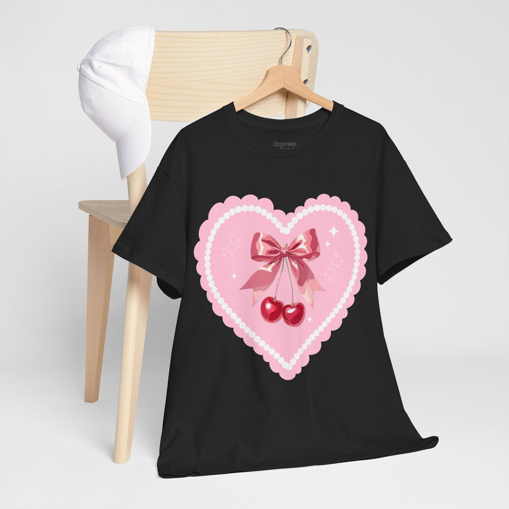 Pink Heart Cherry Graphic Tee — Cute Kawaii Valentine Shirt