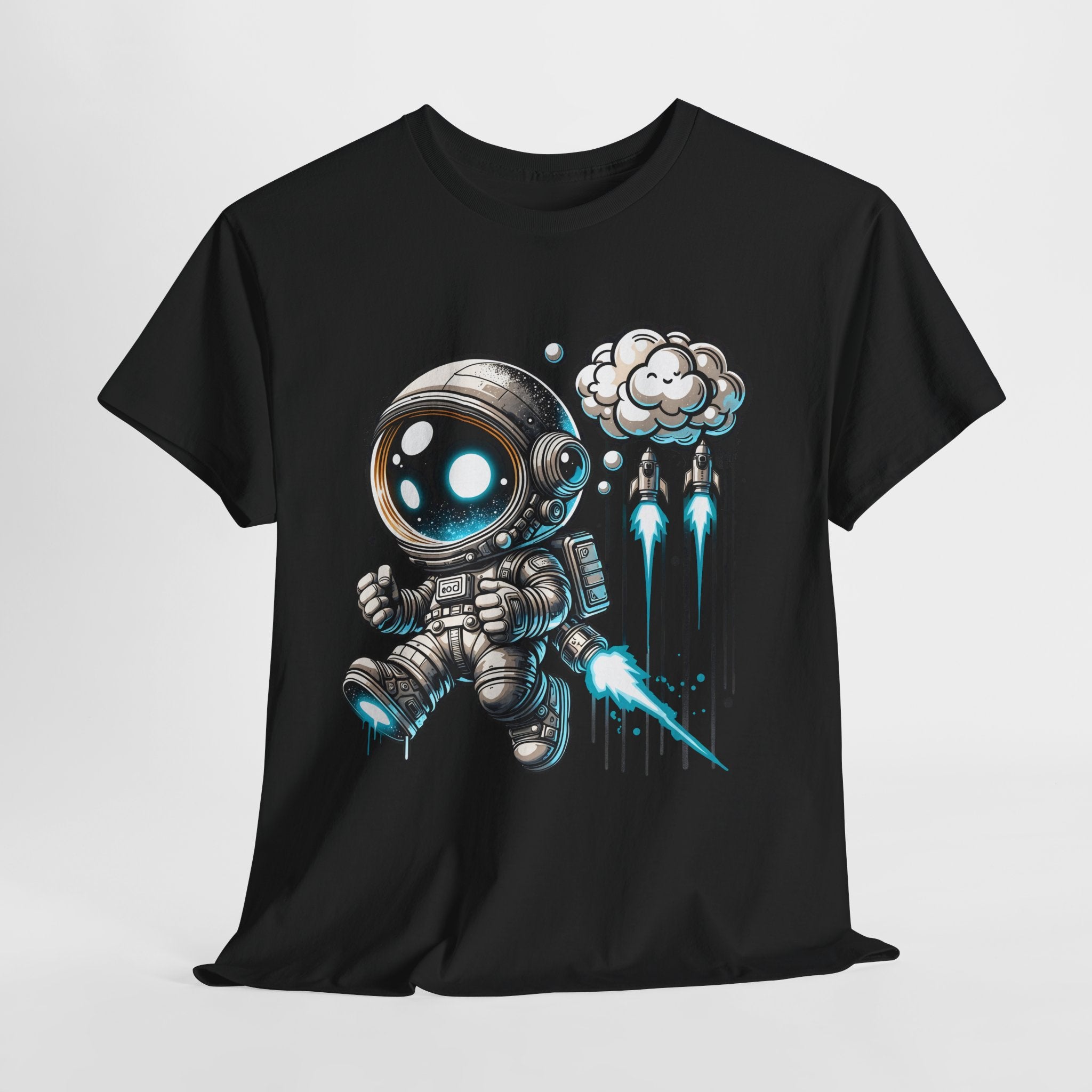 Astronaut Cartoon T-Shirt — Cute Space Explorer Tee with Jetpack & Cloud Rocket