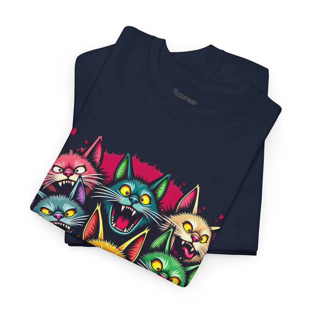 Colorful Party Cats T‑Shirt — Neon Cat Faces Graphic Tee