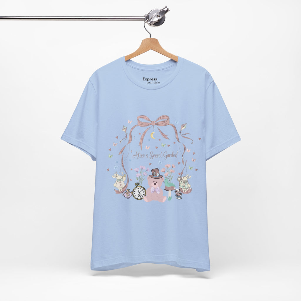 Cute Pastel Teddy Garden T‑Shirt — "Alice in Sweet Garden" Cute Vintage Teacup & Clock Design