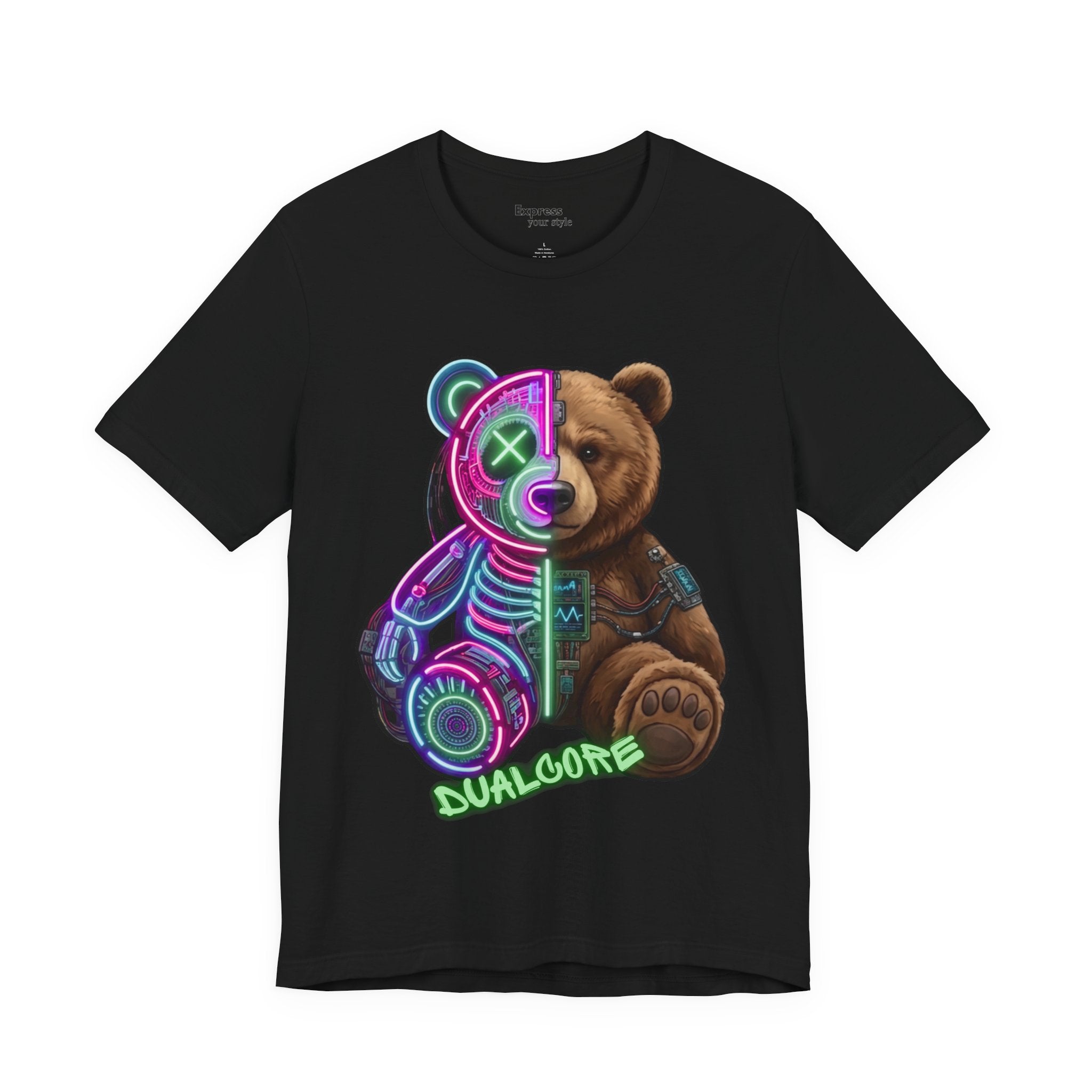 Dualcore Teddy T‑Shirt — Neon Cyberpunk Bear Graphic Tee