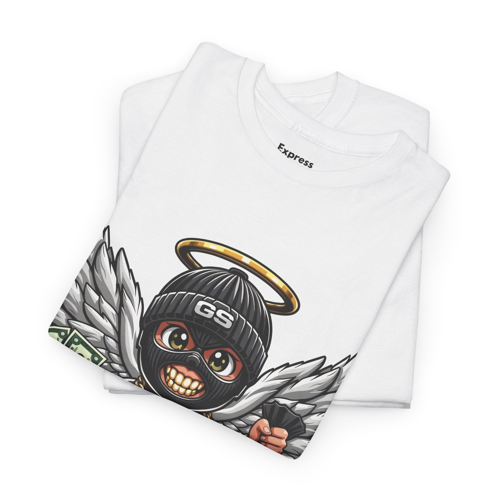 Money Angel Baby Tee — Streetwear Graphic T-Shirt with Winged Baby, Dollar Bag & Halo