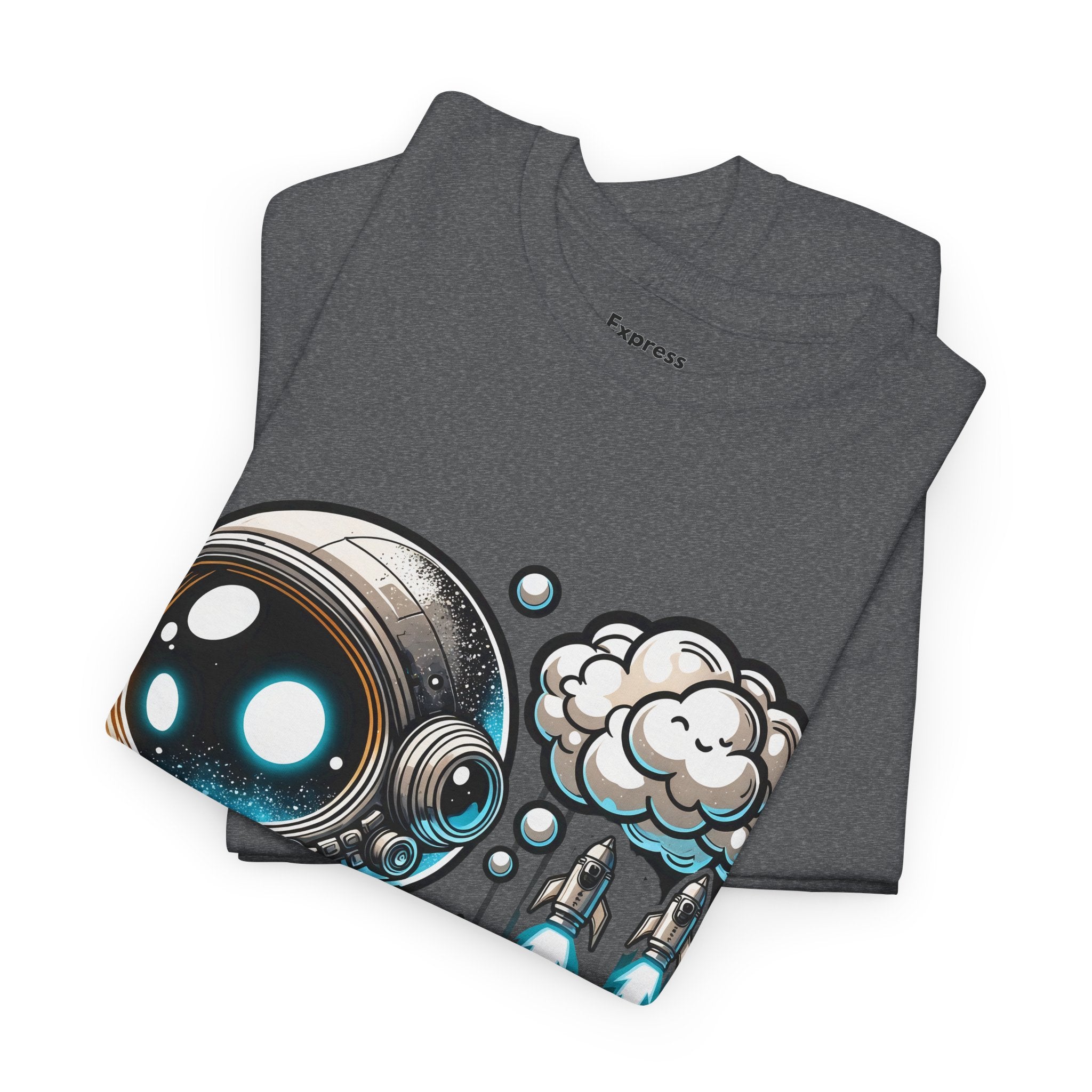 Astronaut Cartoon T-Shirt — Cute Space Explorer Tee with Jetpack & Cloud Rocket