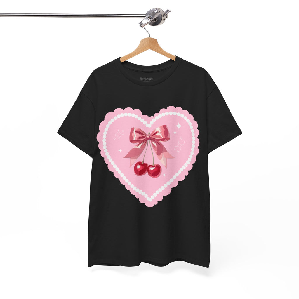 Pink Heart Cherry Graphic Tee — Cute Kawaii Valentine Shirt