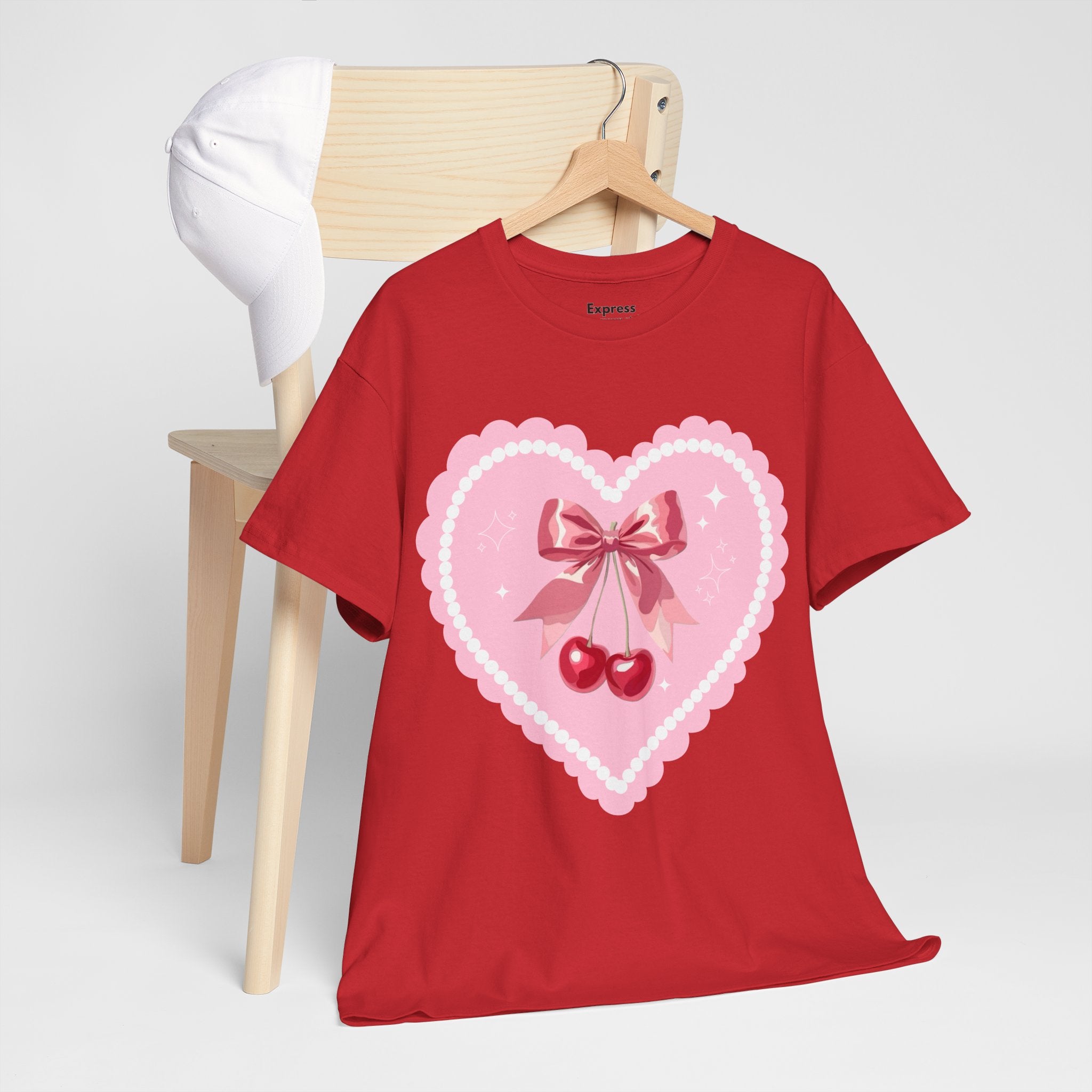 Pink Heart Cherry Graphic Tee — Cute Kawaii Valentine Shirt