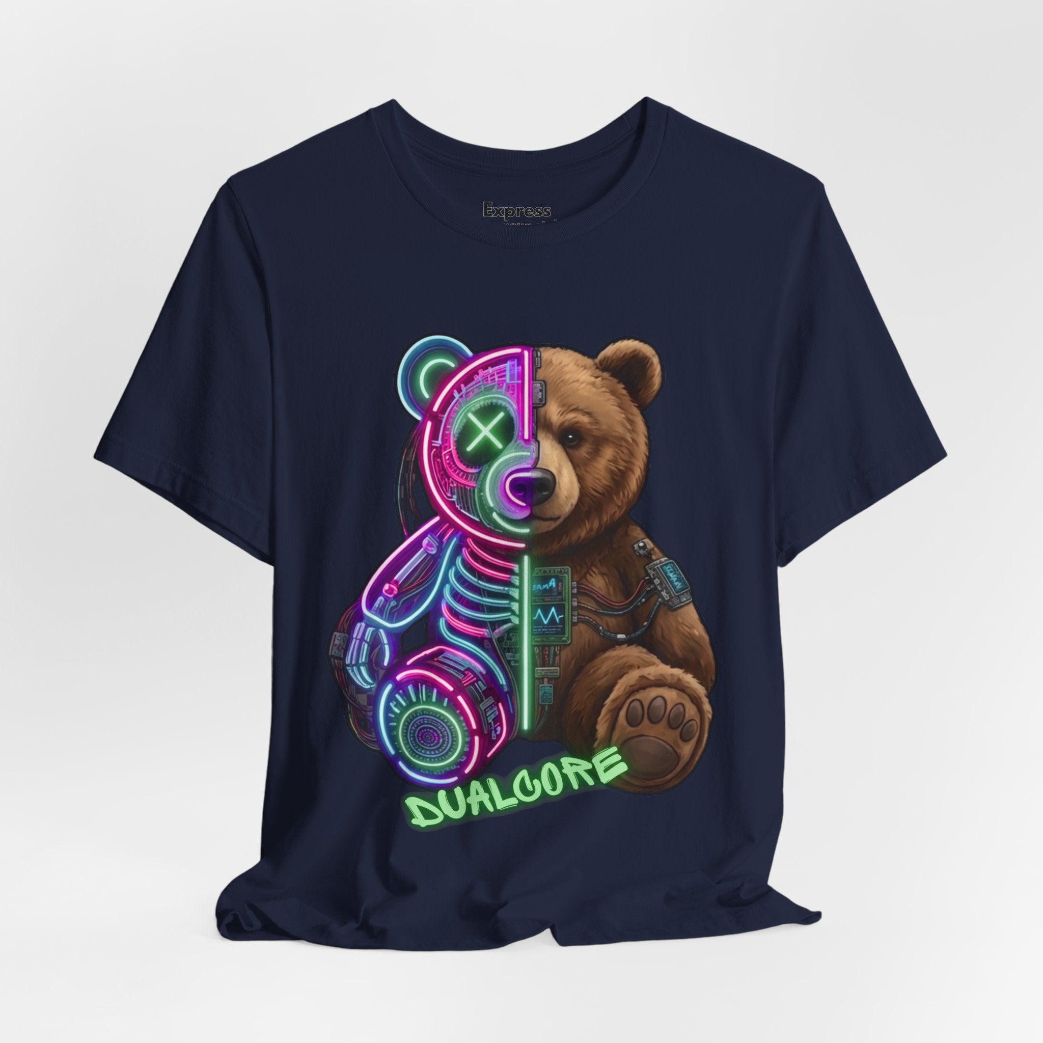 Dualcore Teddy T‑Shirt — Neon Cyberpunk Bear Graphic Tee