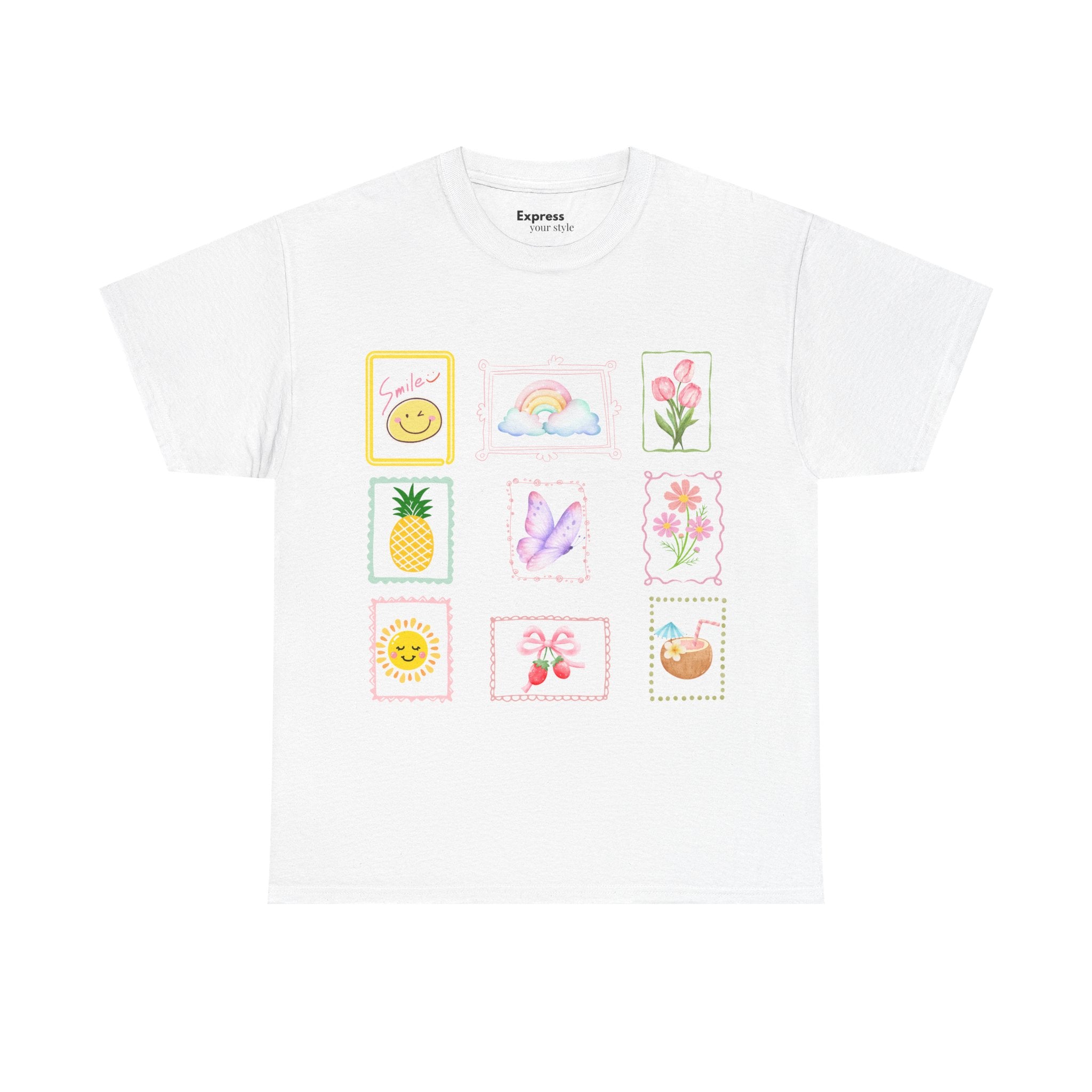 Cute Pastel Icons T‑Shirt — Smiley, Pineapple & Floral Graphic Tee