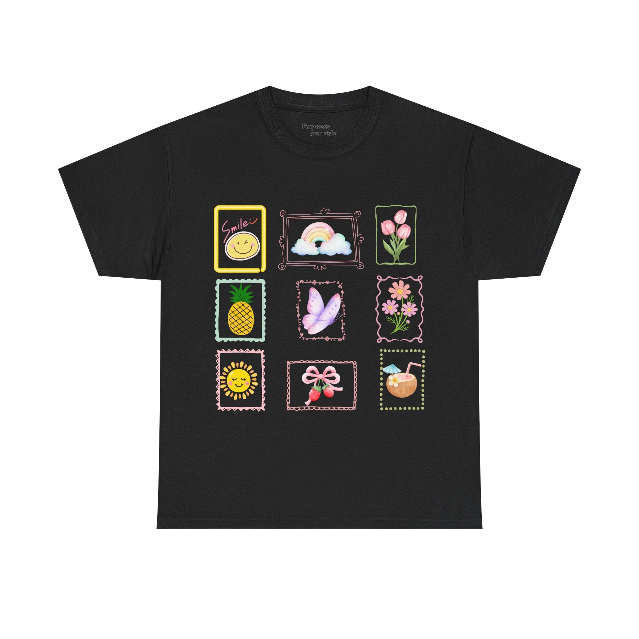 Cute Pastel Icons T‑Shirt — Smiley, Pineapple & Floral Graphic Tee