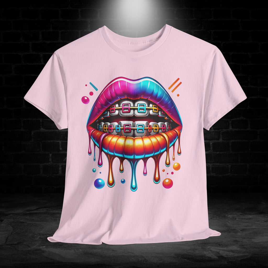 Colorful Dripping Lips Tee with Braces – Neon Pop Graphic T-Shirt