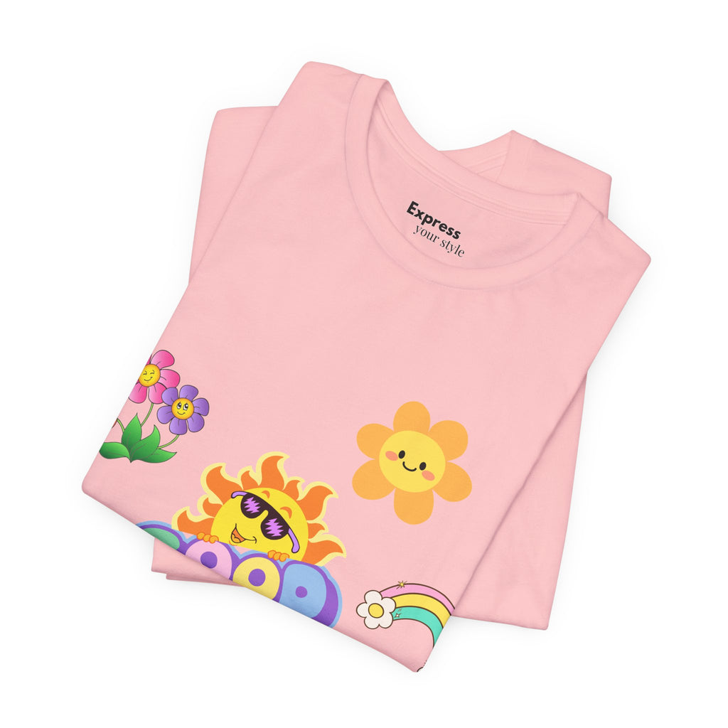 Good Vibes Floral Tee — Retro Smiley Sun & Rainbow Graphic T‑Shirt