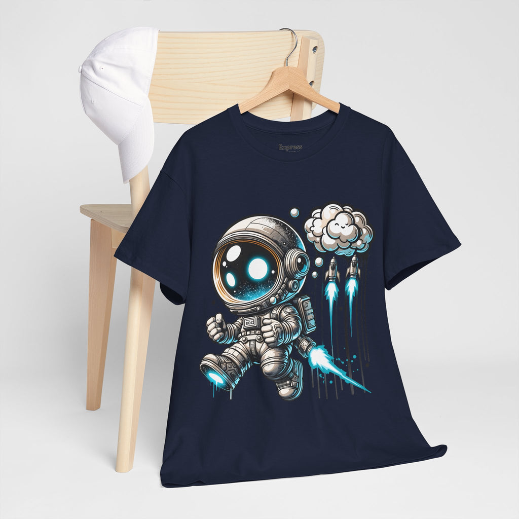 Astronaut Cartoon T-Shirt — Cute Space Explorer Tee with Jetpack & Cloud Rocket