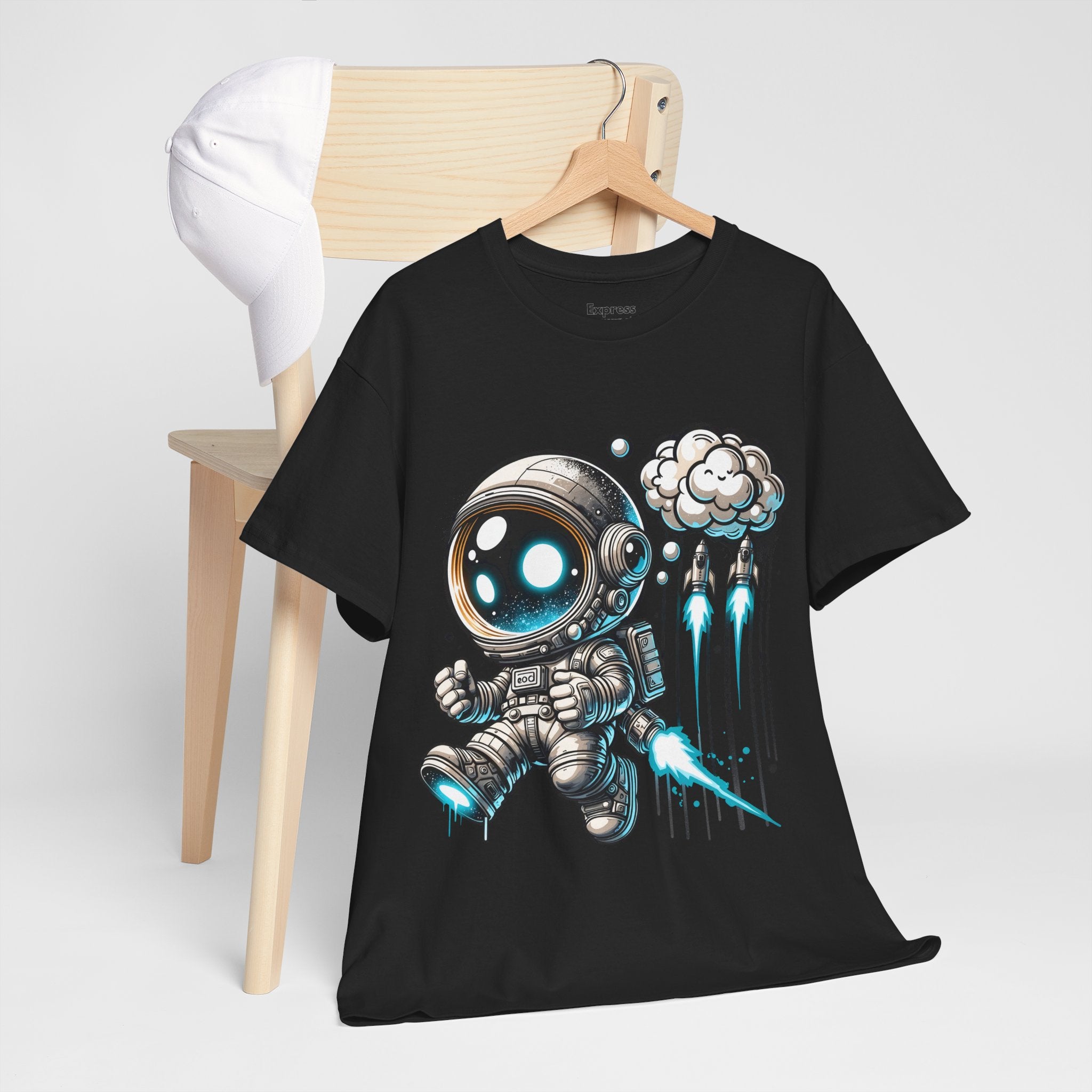 Astronaut Cartoon T-Shirt — Cute Space Explorer Tee with Jetpack & Cloud Rocket