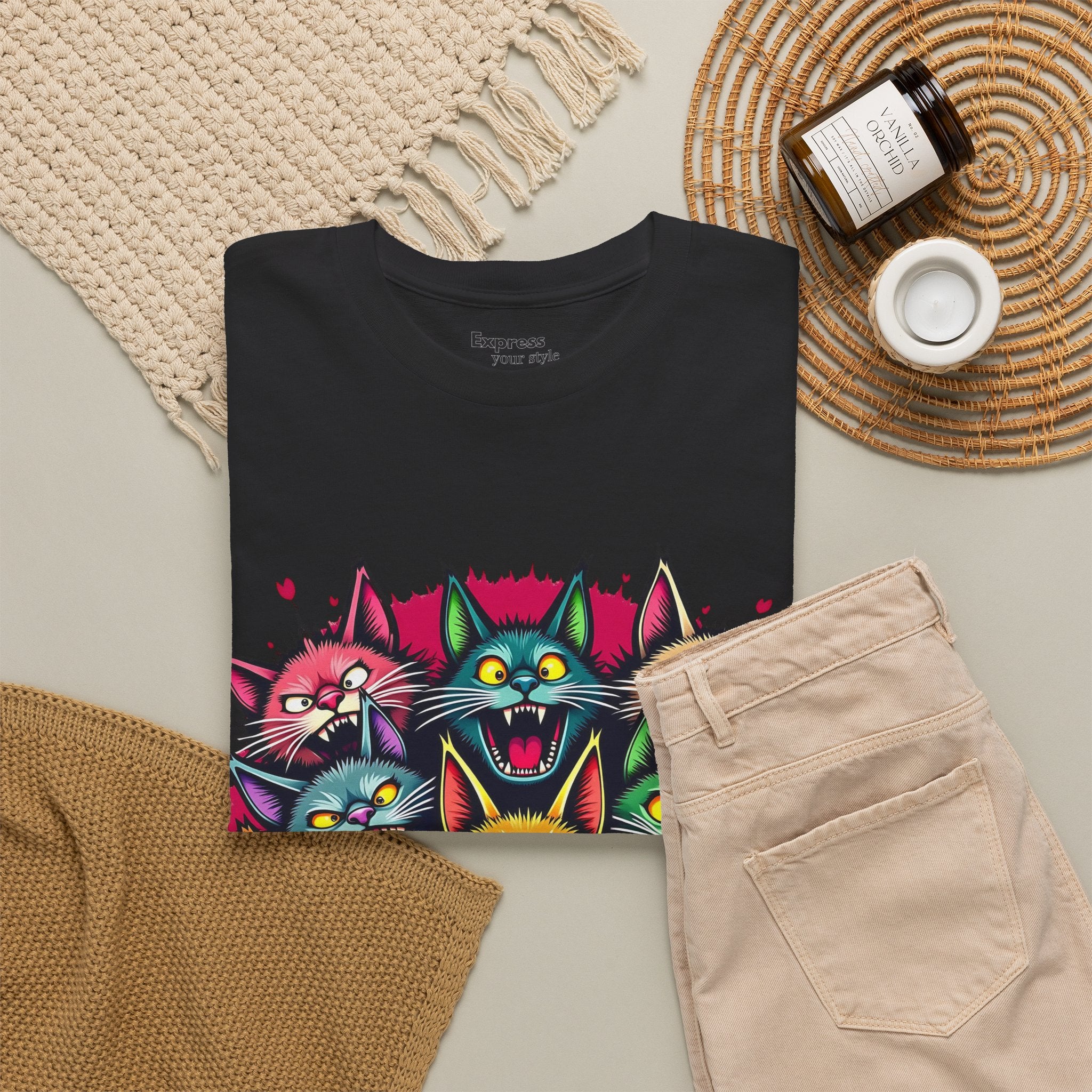 Colorful Party Cats T‑Shirt — Neon Cat Faces Graphic Tee