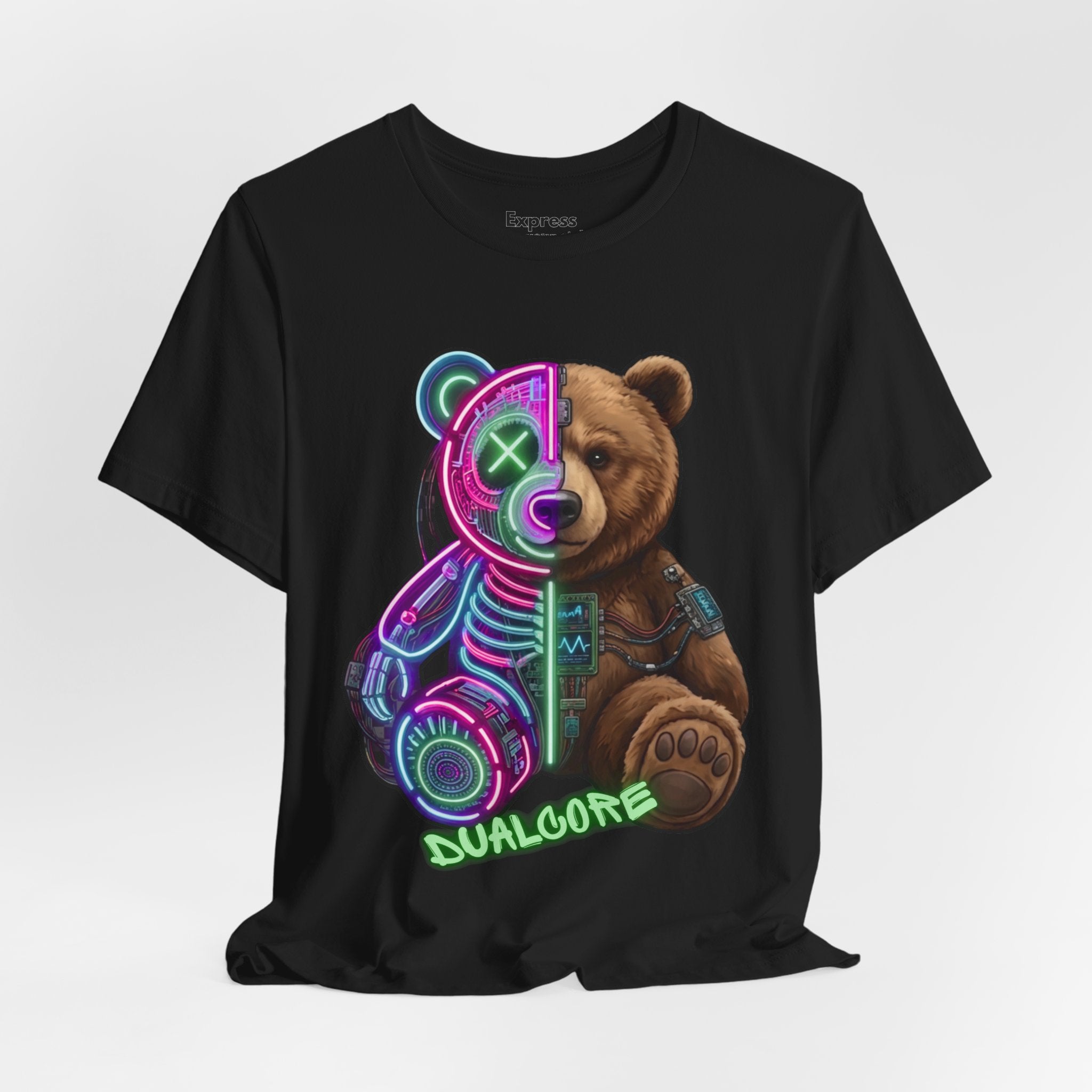Dualcore Teddy T‑Shirt — Neon Cyberpunk Bear Graphic Tee