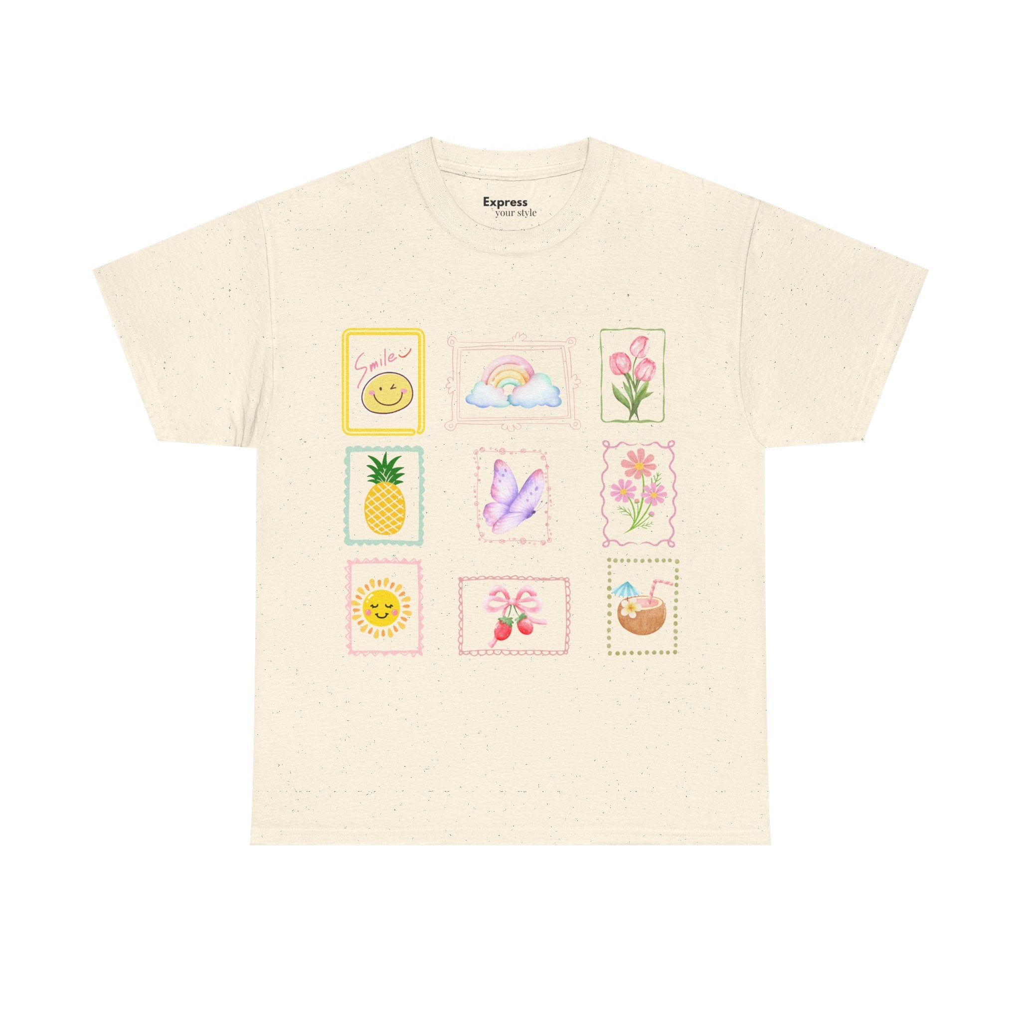 Cute Pastel Icons T‑Shirt — Smiley, Pineapple & Floral Graphic Tee