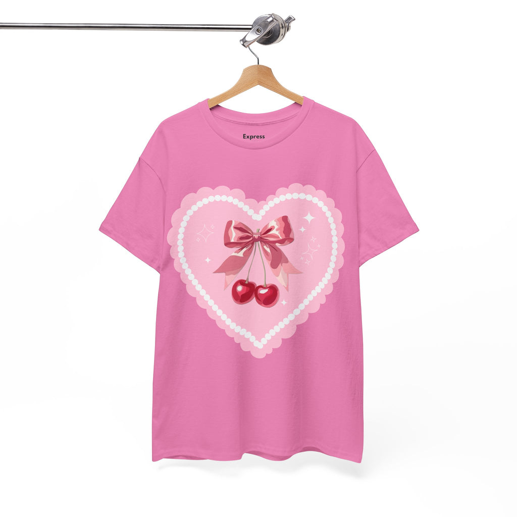 Pink Heart Cherry Graphic Tee — Cute Kawaii Valentine Shirt