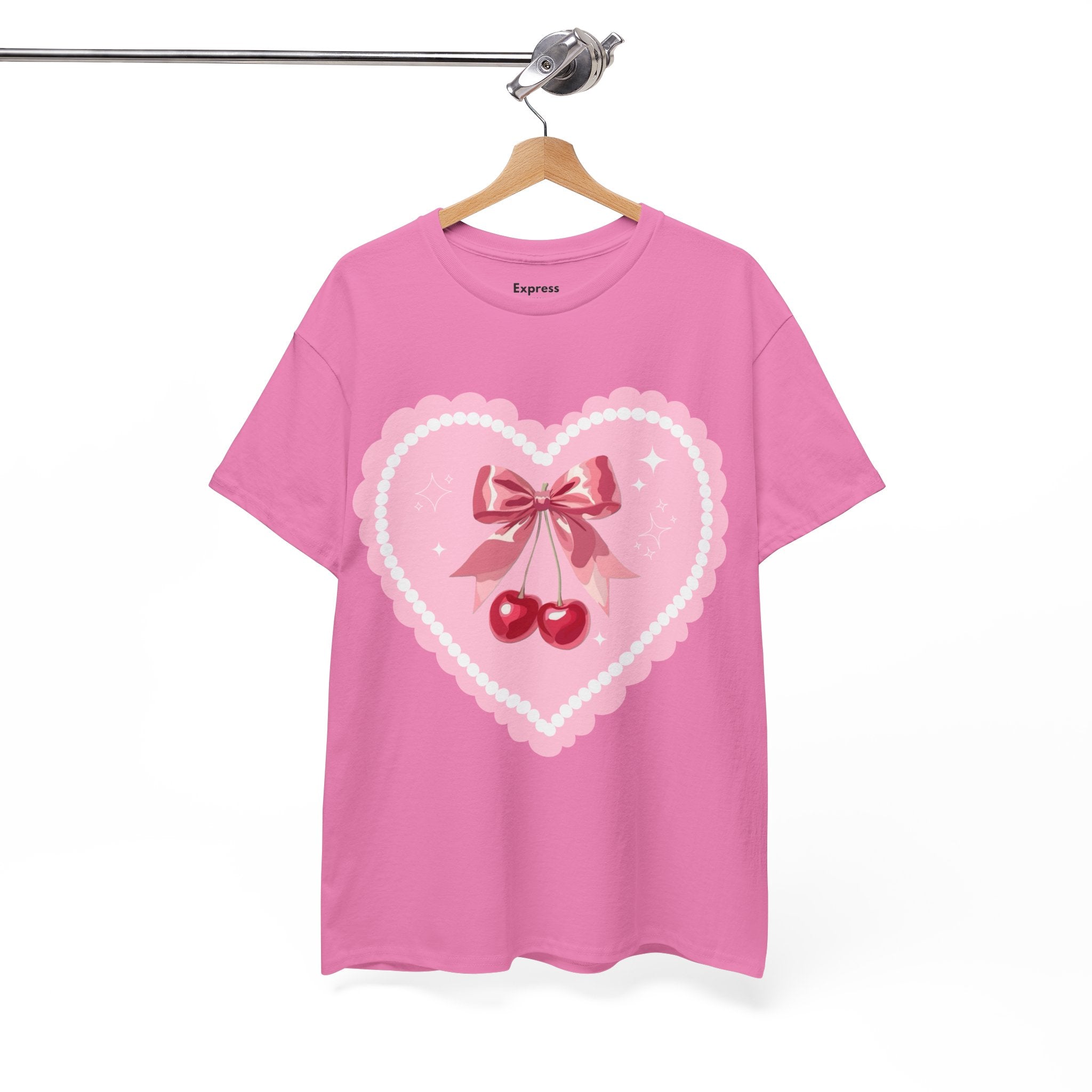Pink Heart Cherry Graphic Tee — Cute Kawaii Valentine Shirt