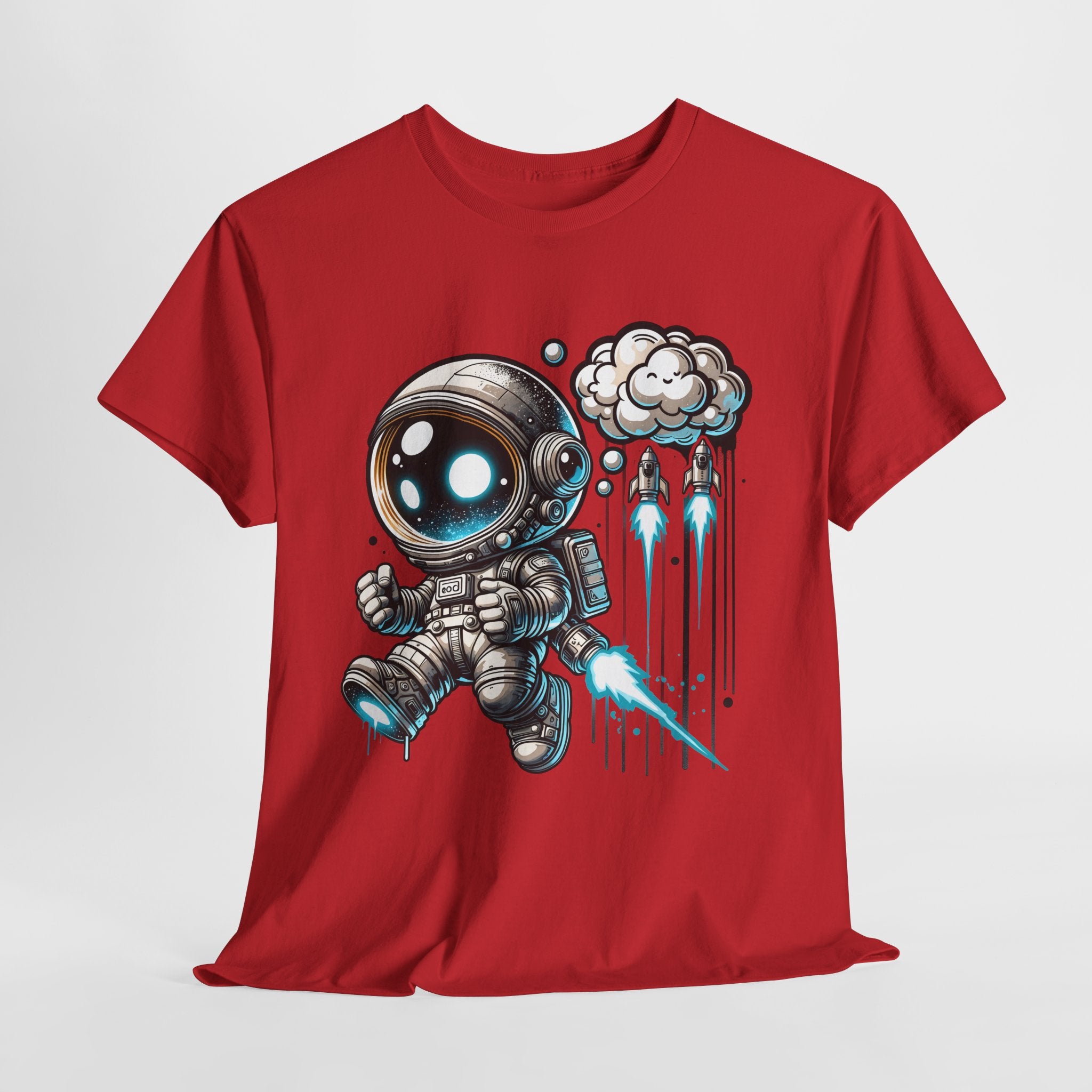 Astronaut Cartoon T-Shirt — Cute Space Explorer Tee with Jetpack & Cloud Rocket
