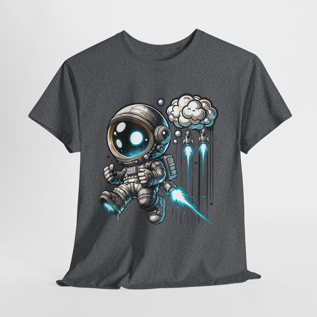 Astronaut Cartoon T-Shirt — Cute Space Explorer Tee with Jetpack & Cloud Rocket
